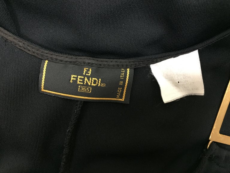 1990's Fendi Karl Lagerfeld Black Bodycon Large Gold F Logo Zucca Gown ...