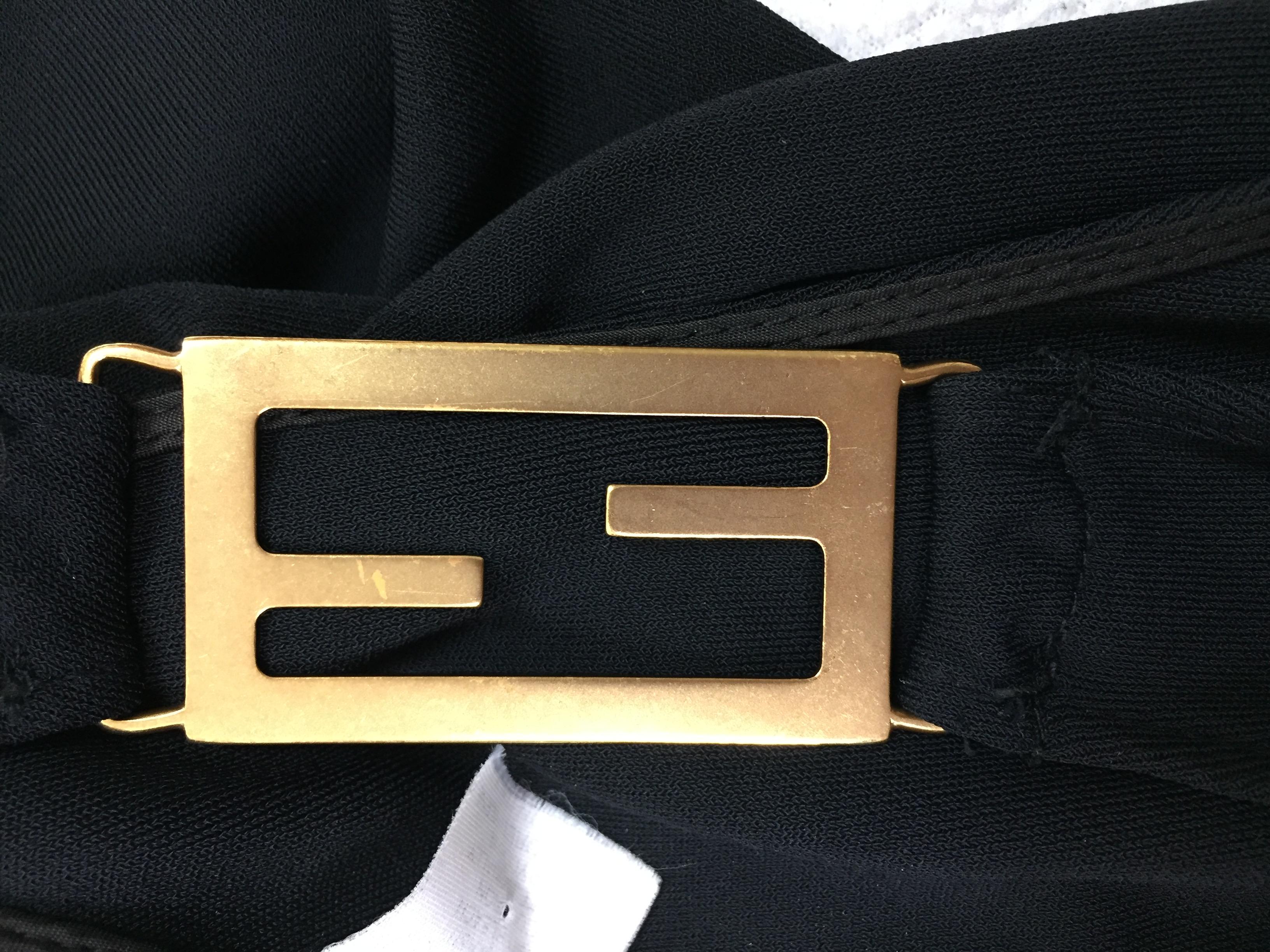 Women's 1990's Fendi Karl Lagerfeld Black Bodycon Large Gold F Logo Zucca Gown Dress