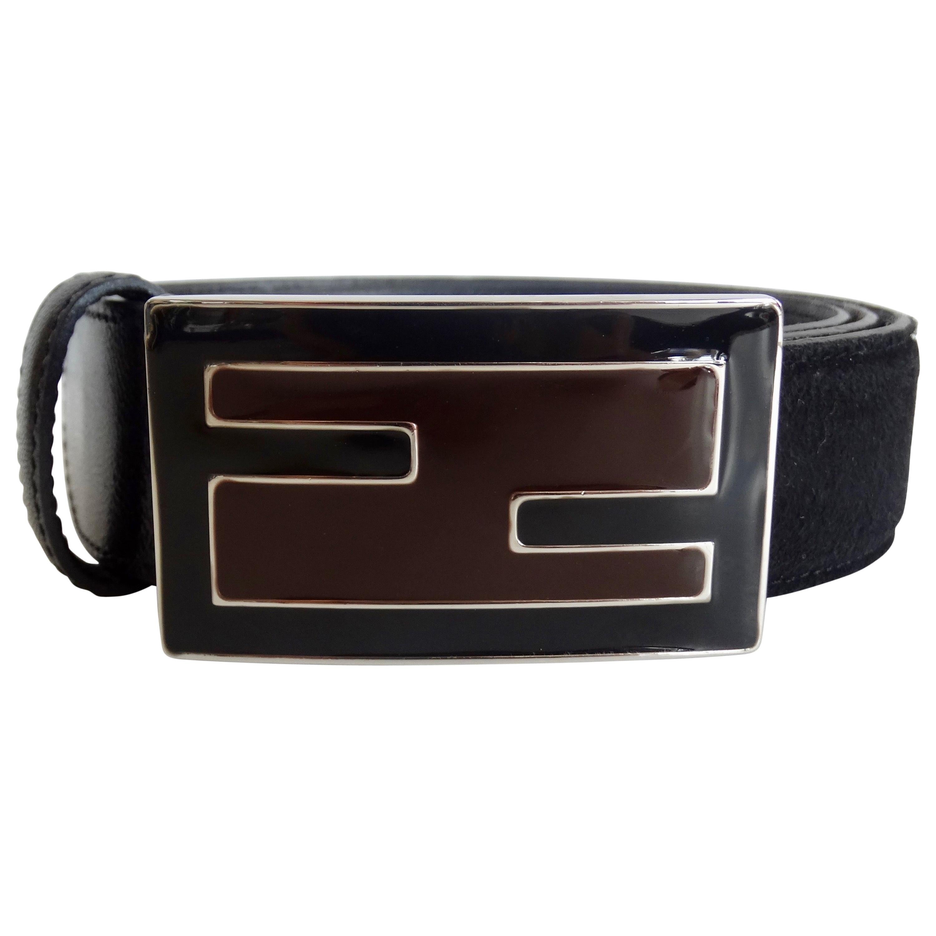 1990s Fendi Logo Black Suede Leather Belt
