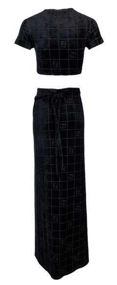 1990's Fendi Logo Monogram Black Velvet Crop Top & High Waist Wrap Skirt