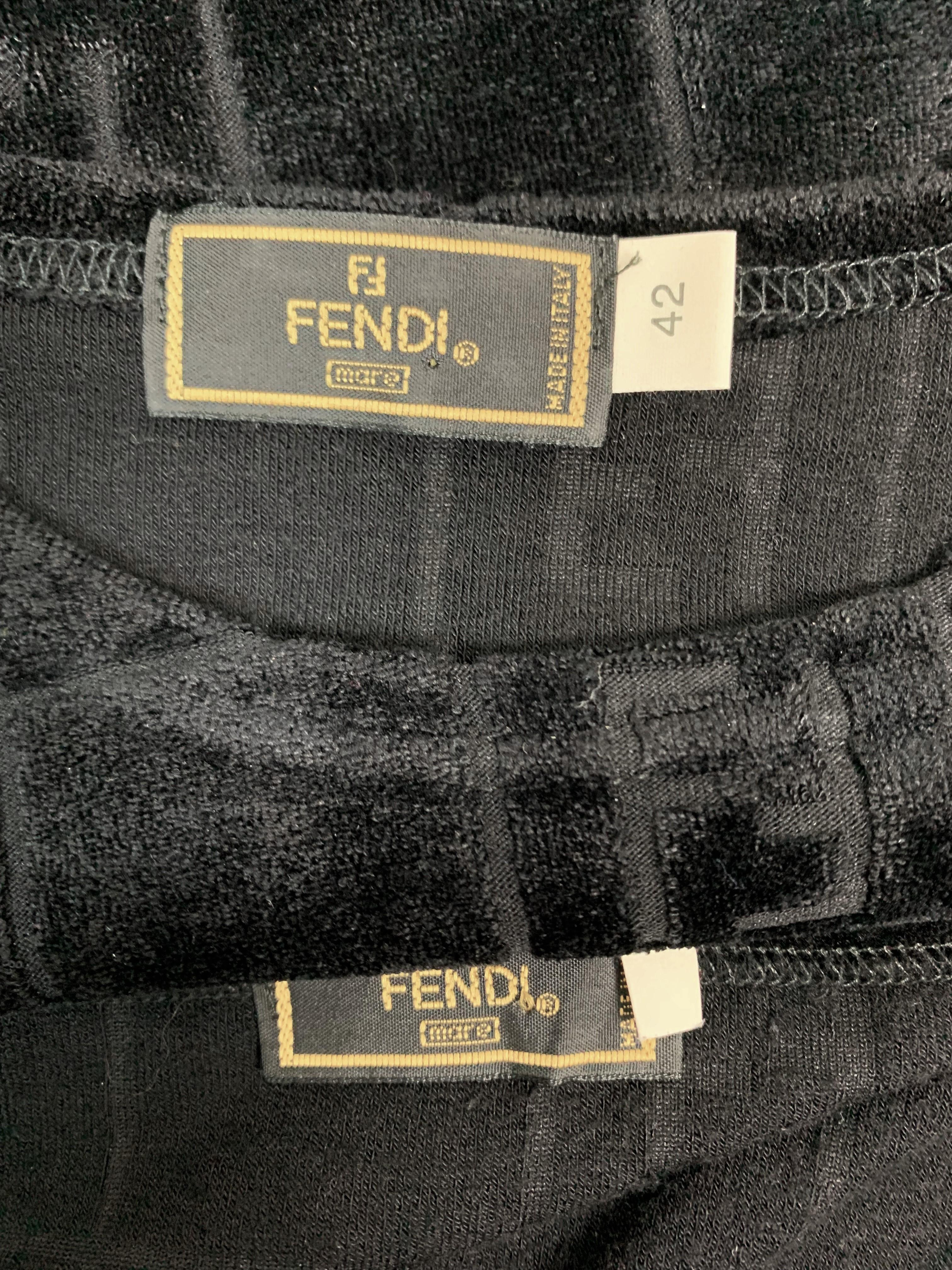 1990's Fendi Logo Monogram Black Velvet Crop Top & High Waist Wrap Skirt In Good Condition In Yukon, OK