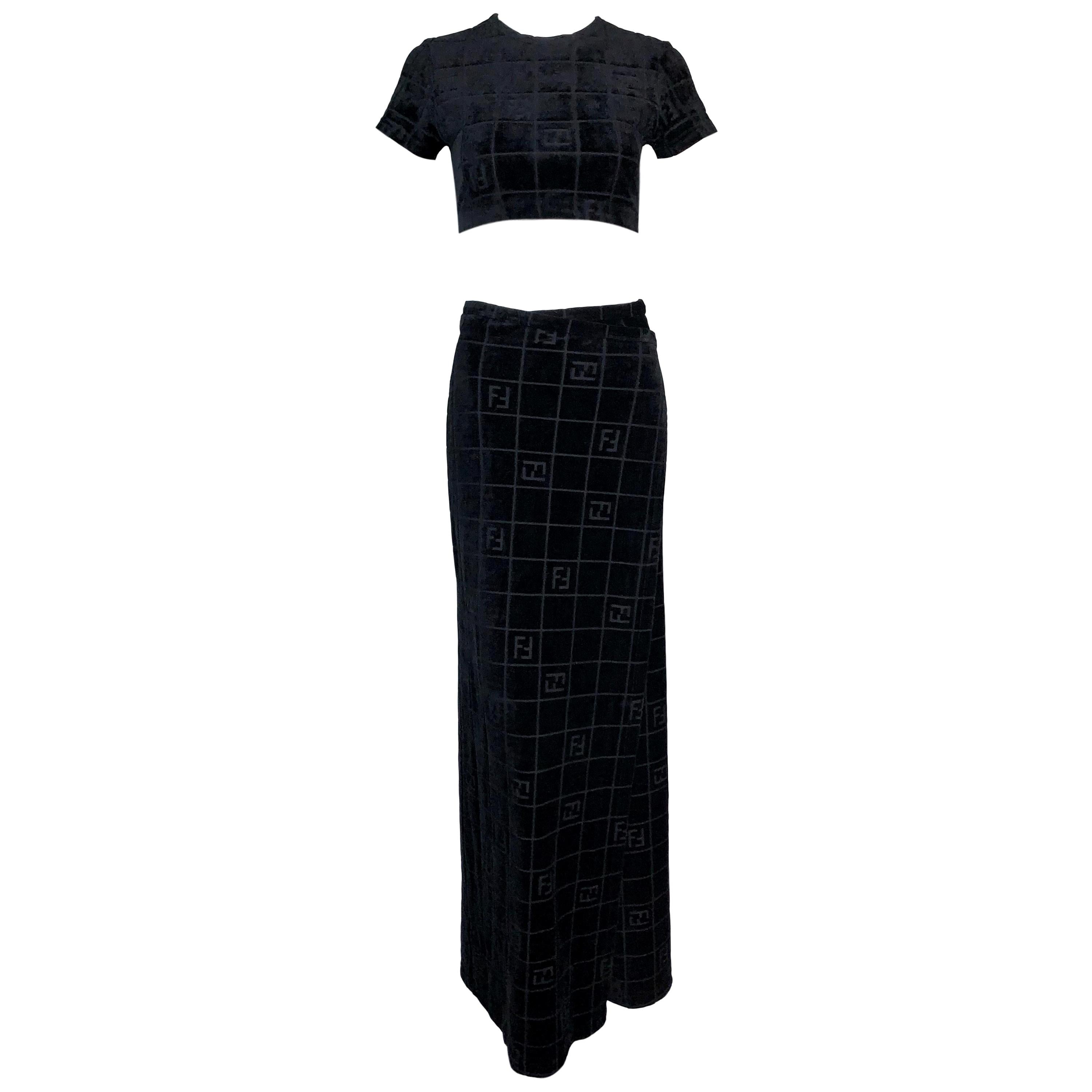 1990's Fendi Logo Monogram Black Velvet Crop Top & High Waist Wrap Skirt