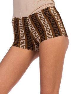 1990S FENDI Brown & Beige Cotton Blend Terry Cloth Logo Shorts