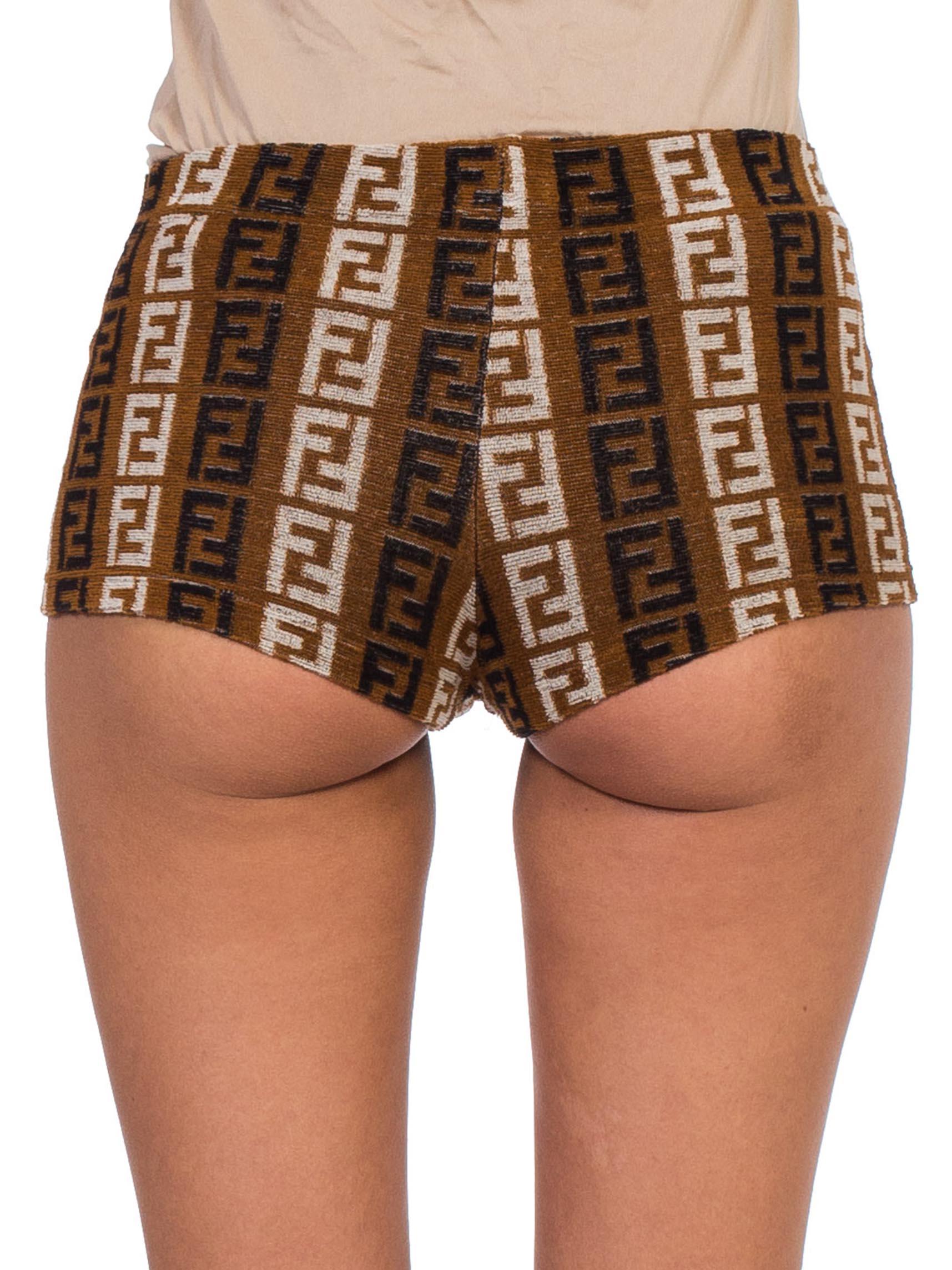 1990S FENDI Brown & Beige Cotton Blend Terry Cloth Logo Shorts In Excellent Condition In New York, NY