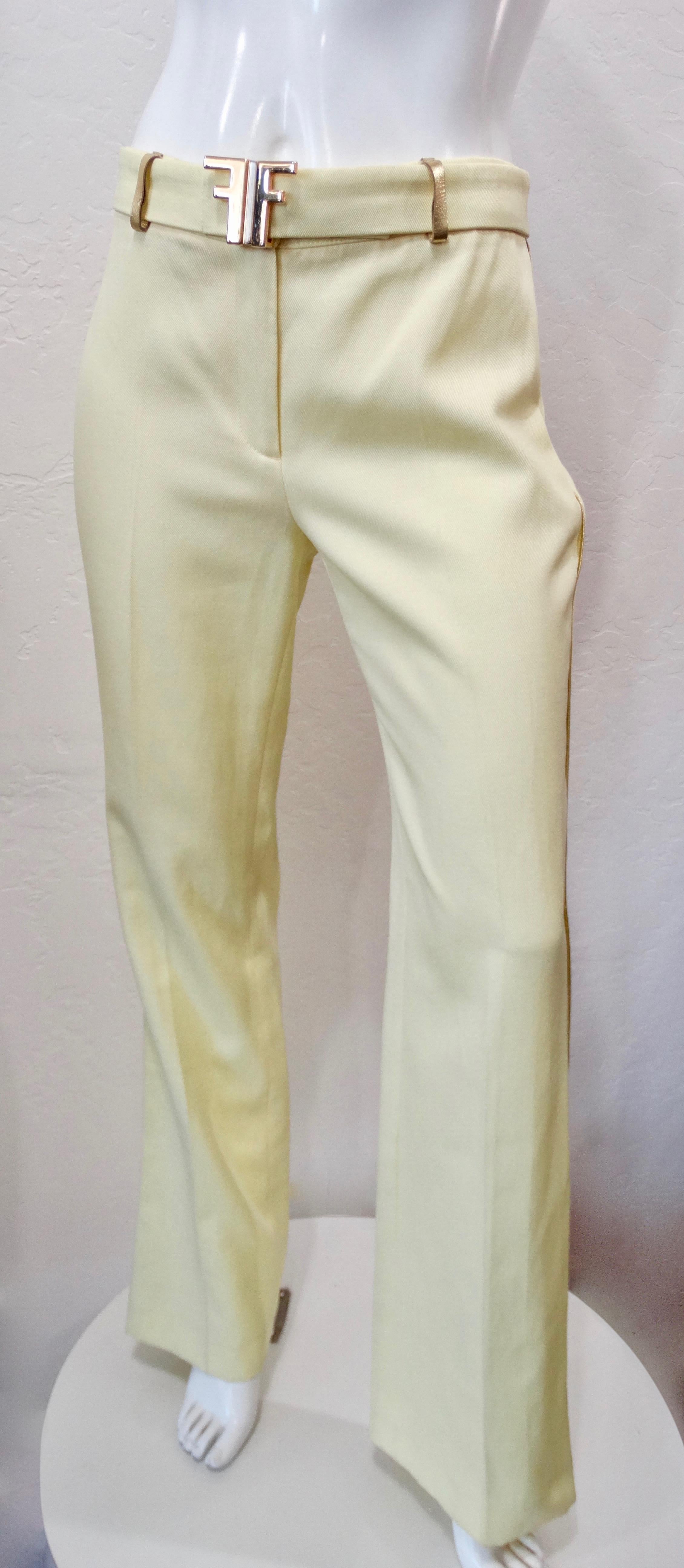 Beige Fendi 1990s Pastel Yellow Pants With Logo Belt 