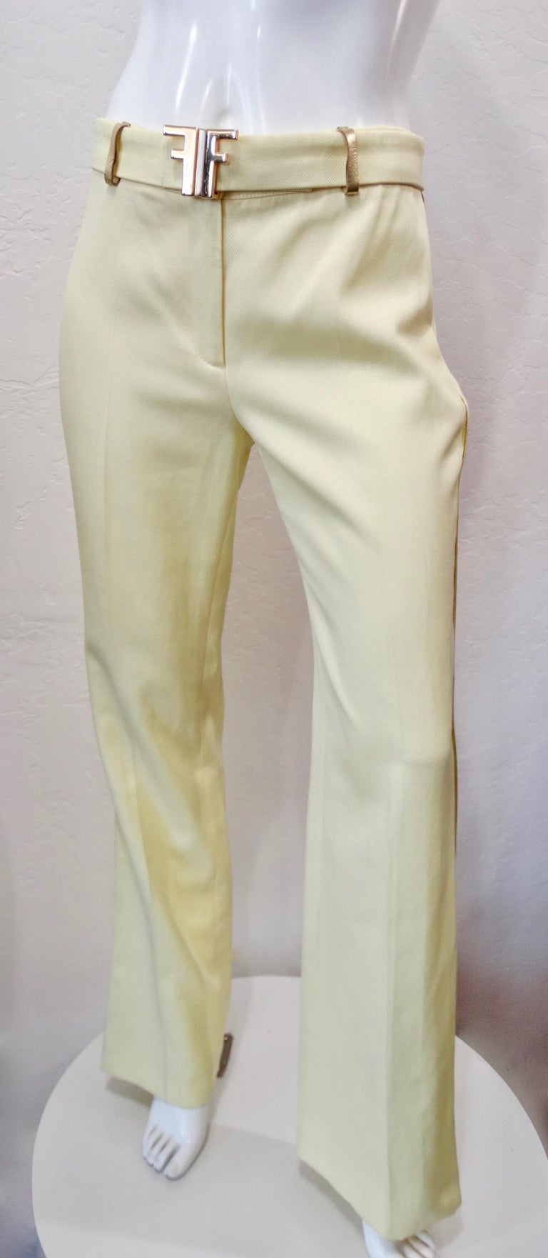Fendi 1990s Pastel Yellow Pants With Logo Belt For Sale at 1stDibs