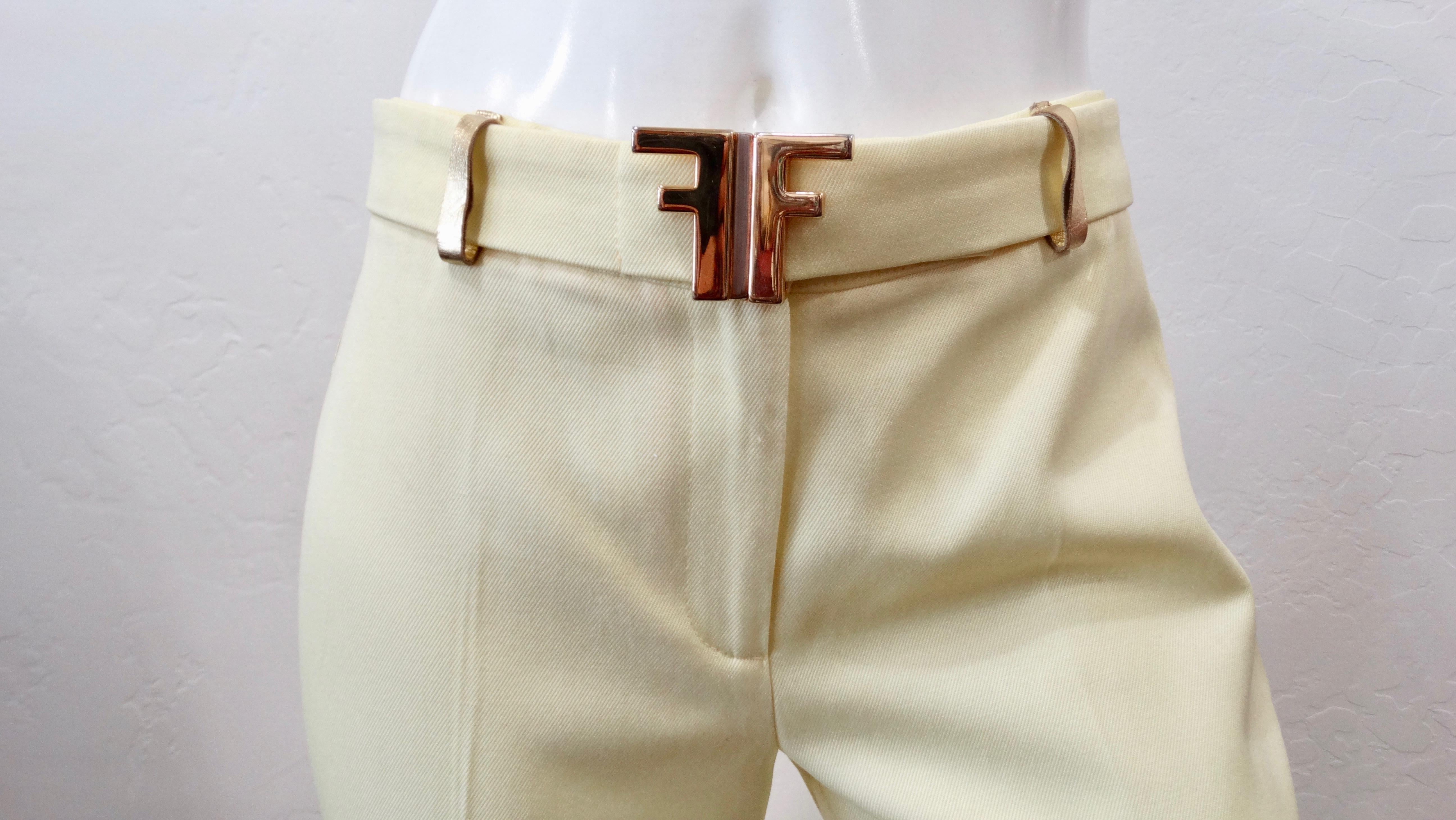 Fendi 1990s Pastel Yellow Pants With Logo Belt  In Good Condition In Scottsdale, AZ