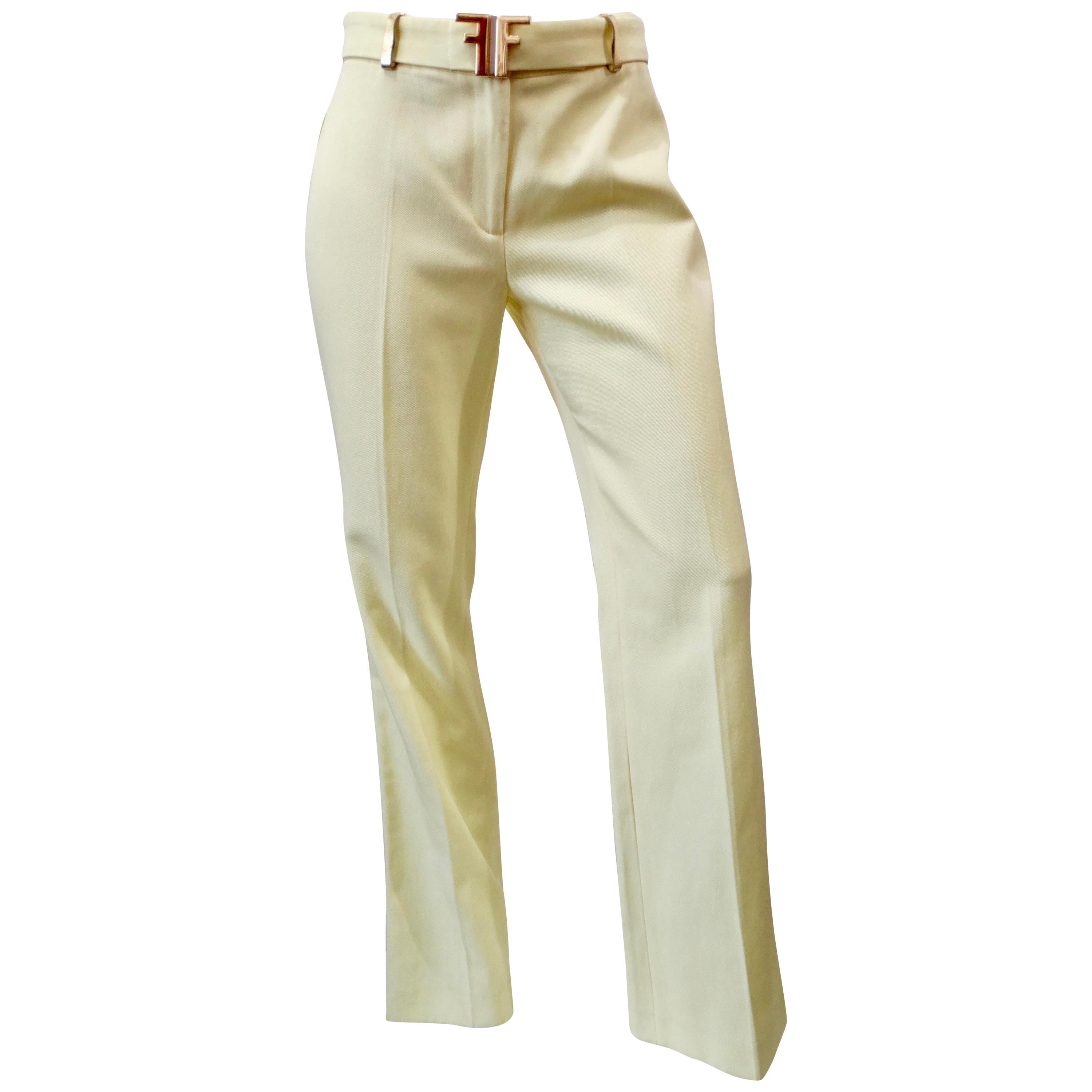 Fendi 1990s Pastel Yellow Pants With Logo Belt 