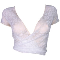 1990's Fendi Sheer Ivory Monogram Logo Wrap Crop Top