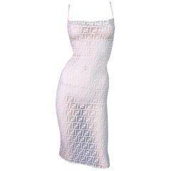 1990's Fendi Sheer Nude Nylon Monogram Logo Wiggle Dress 40 S