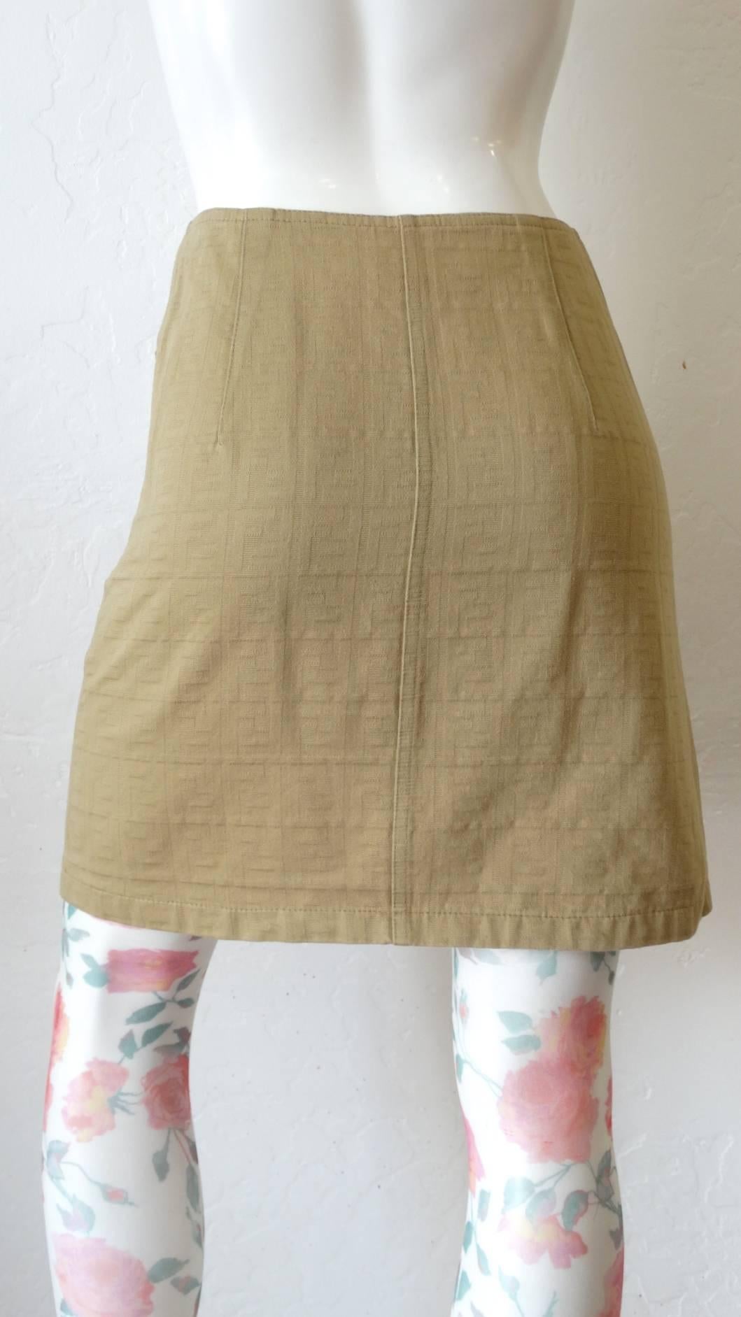 Brown 1990s Fendi Tan Zucca Zip Up Denim Skirt 