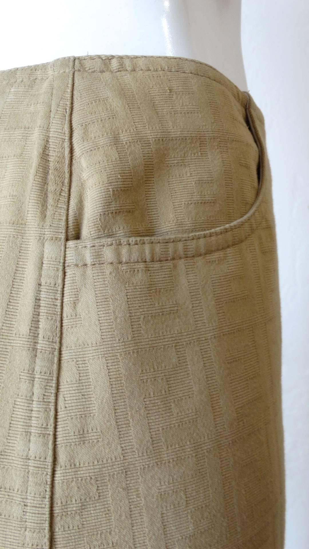 Women's 1990s Fendi Tan Zucca Zip Up Denim Skirt 