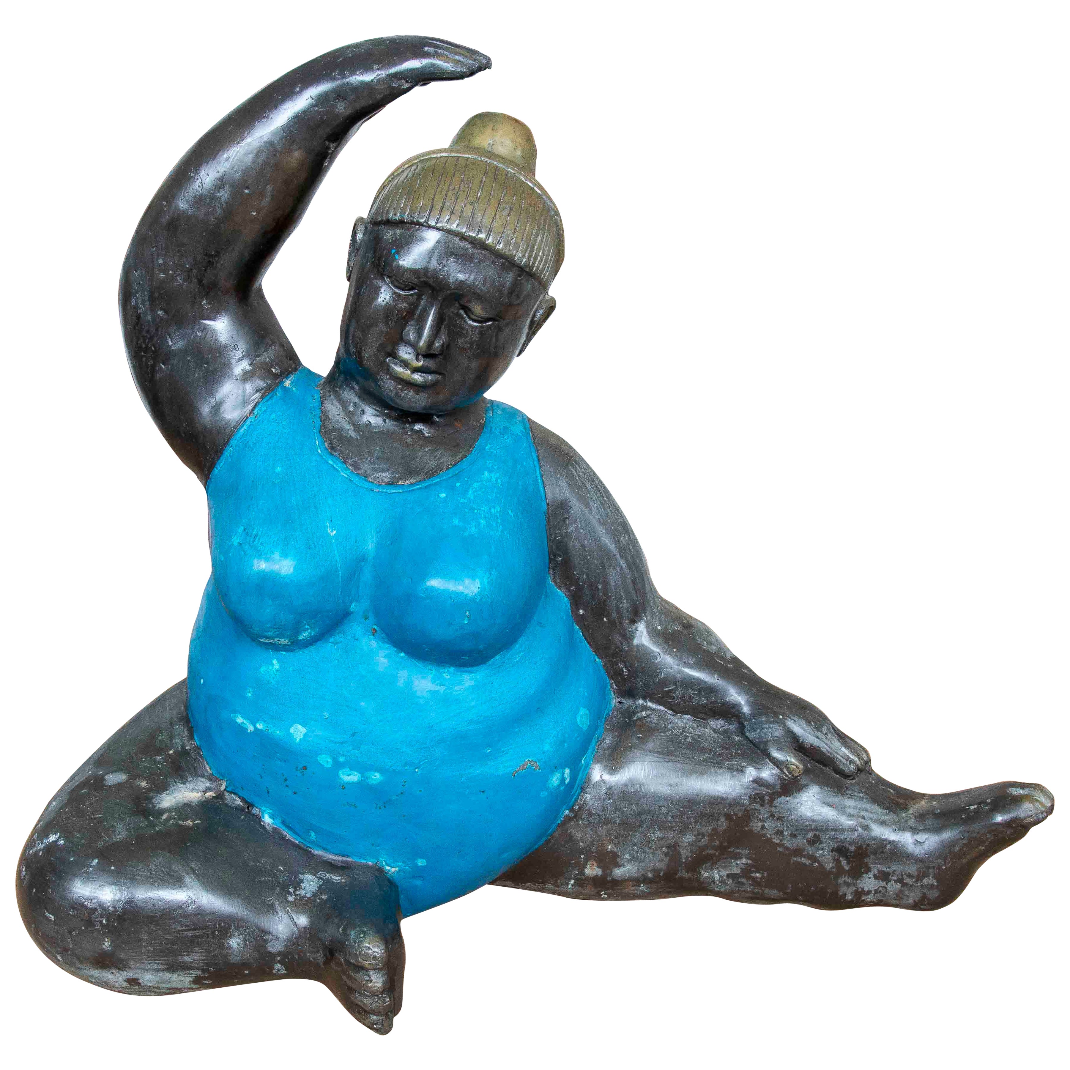 1990s Figurative Sculpture in Patinated Bronze of a Woman in a Yoga Posture.