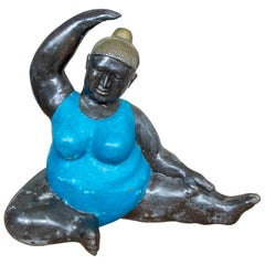 1990s Figurative Sculpture in Patinated Bronze of a Woman in a Yoga Posture.