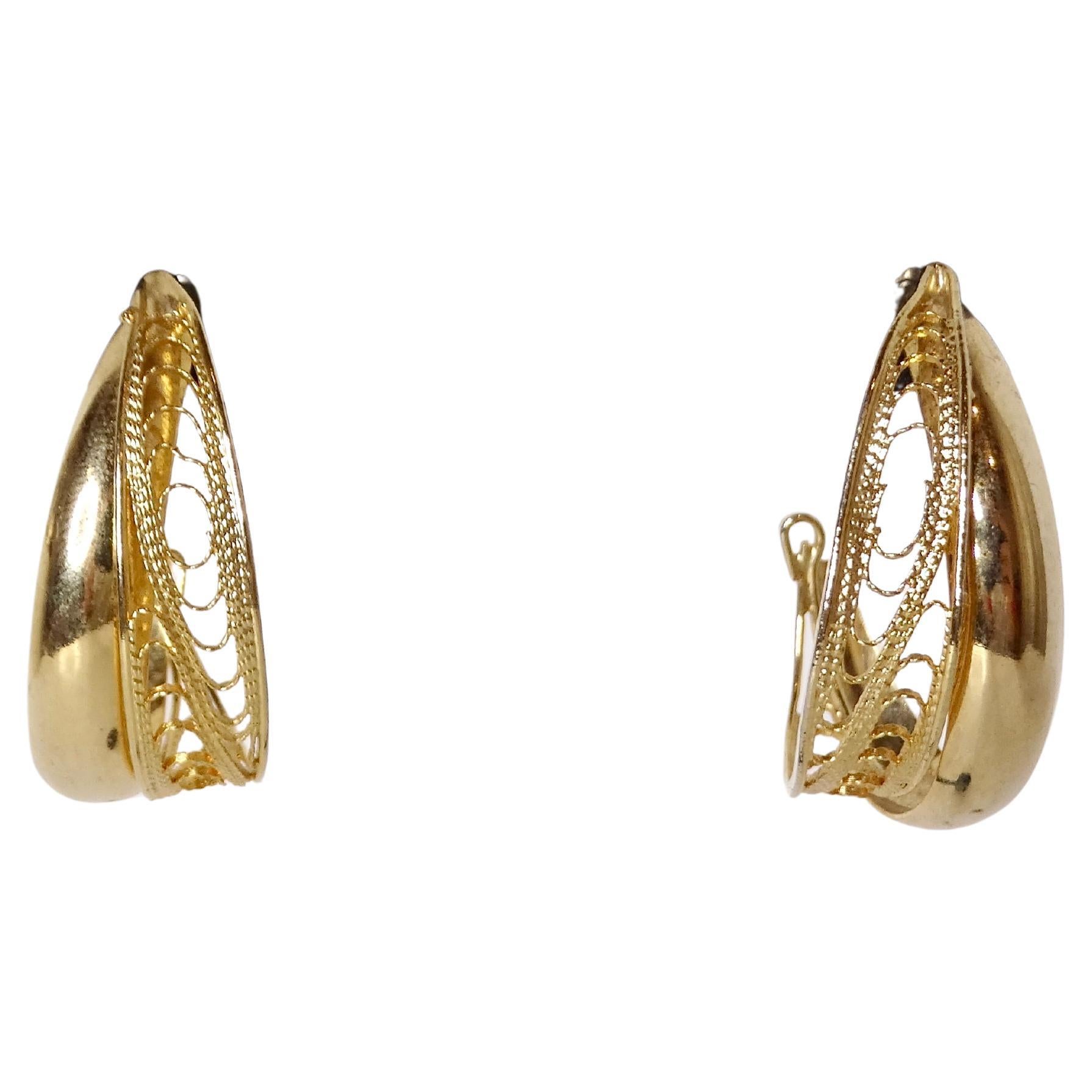 1990s Filigree Detail 14k Gold Plated Hoop Earrings