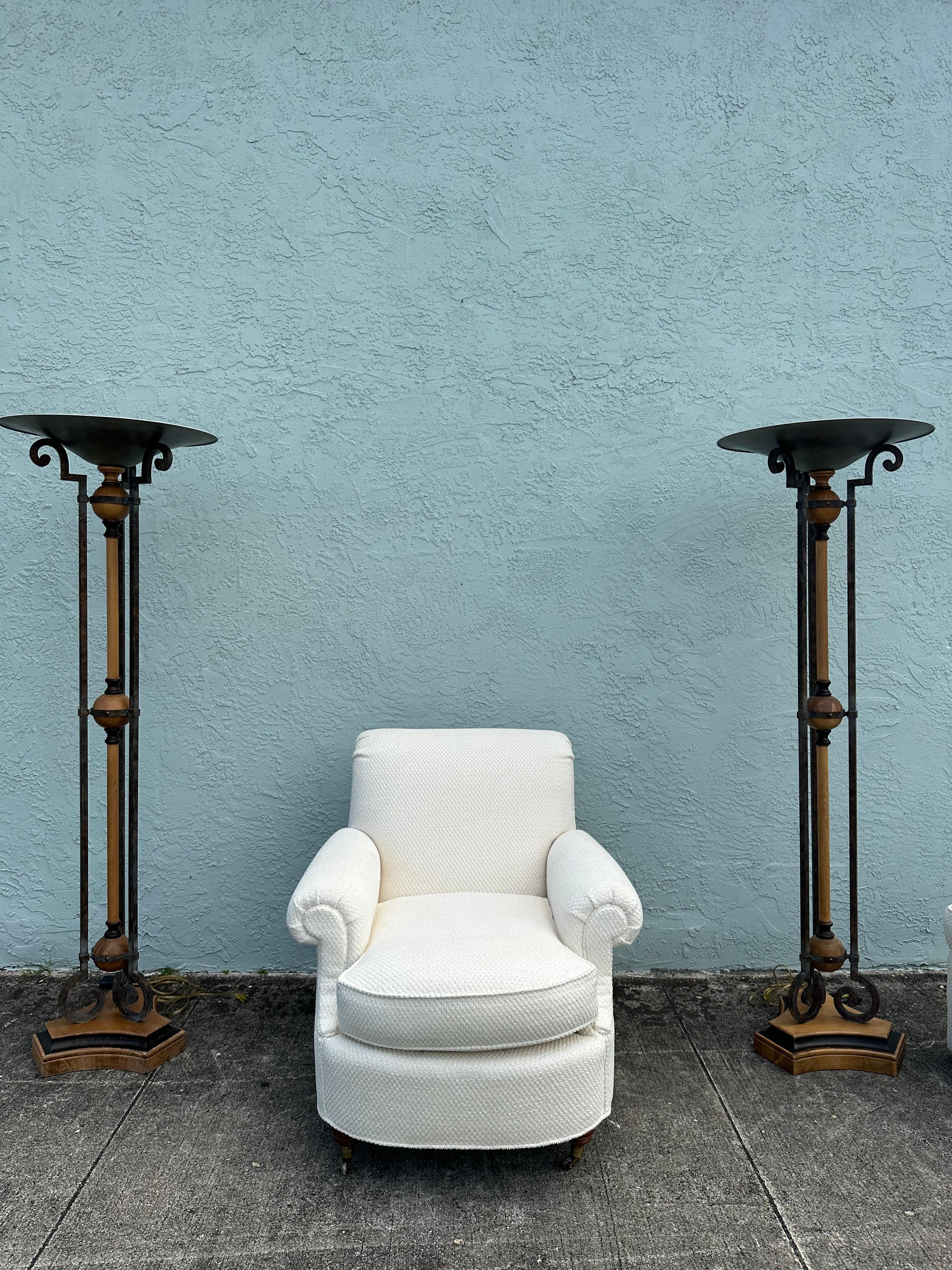 1990s Fine Arts Lamps Wood and Iron Vintage Industrial Floor Style, Set of 2 For Sale 8