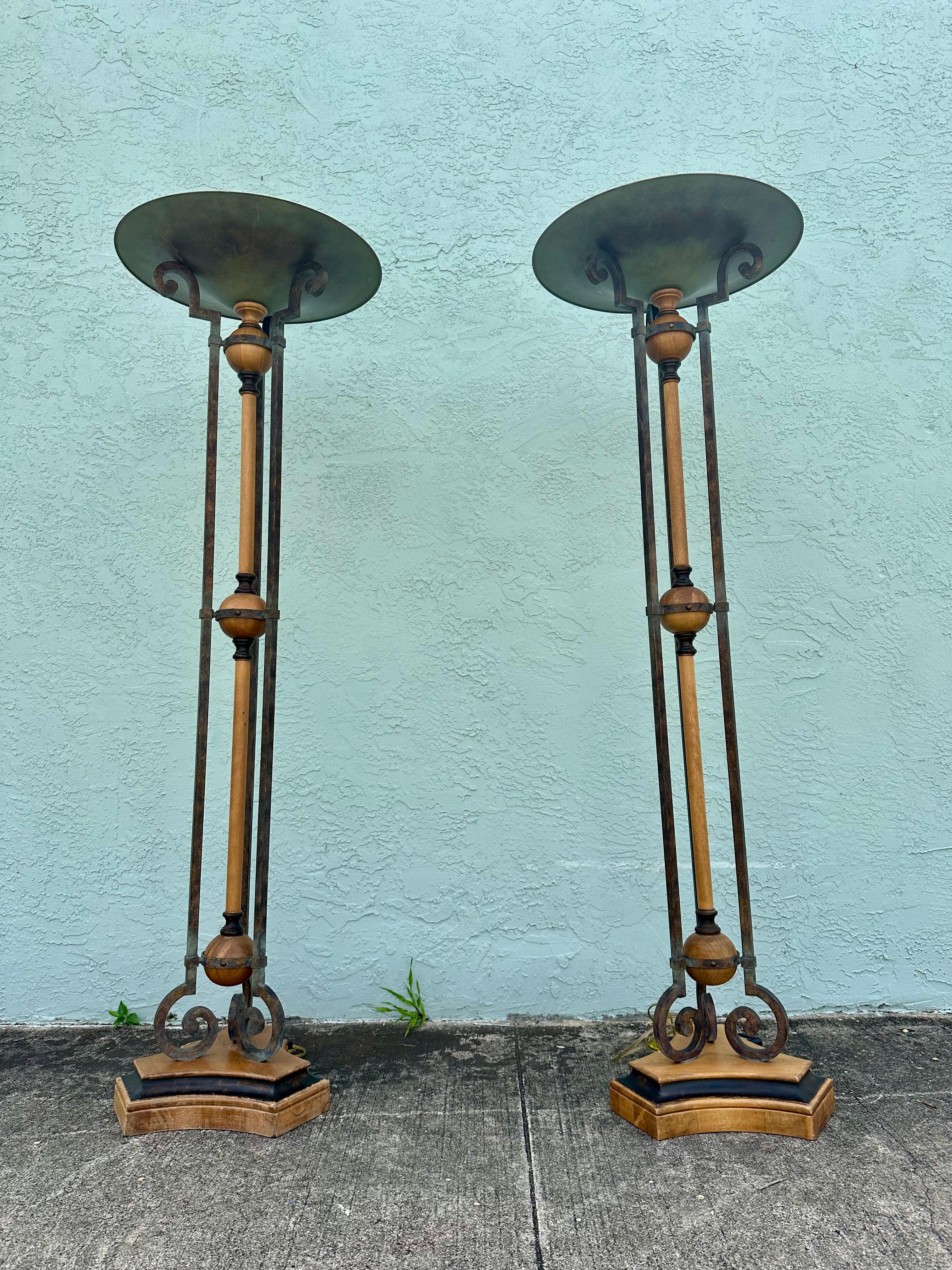 Rustic 1990s Fine Arts Lamps Wood and Iron Vintage Industrial Floor Style, Set of 2 For Sale