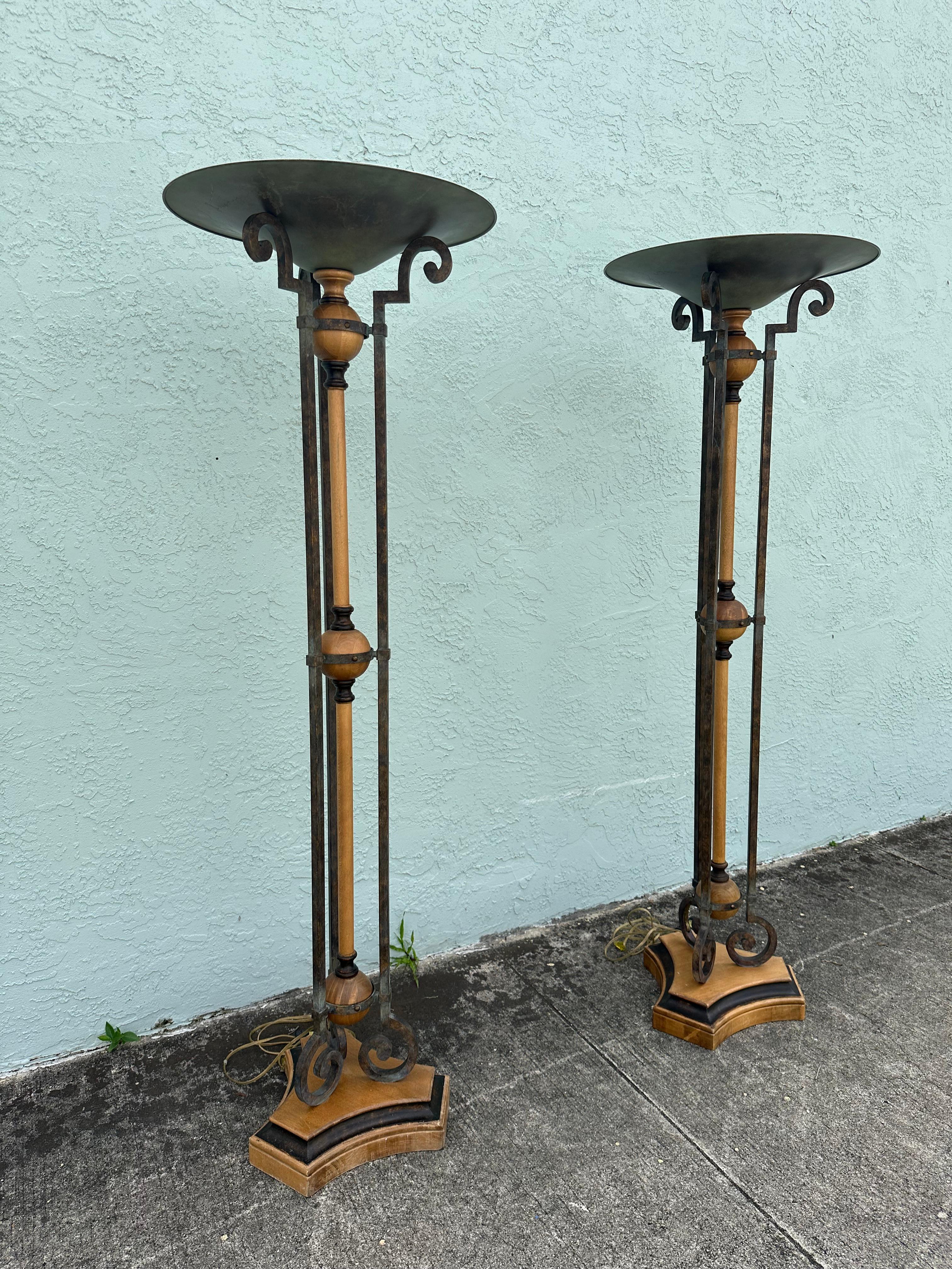 American 1990s Fine Arts Lamps Wood and Iron Vintage Industrial Floor Style, Set of 2 For Sale