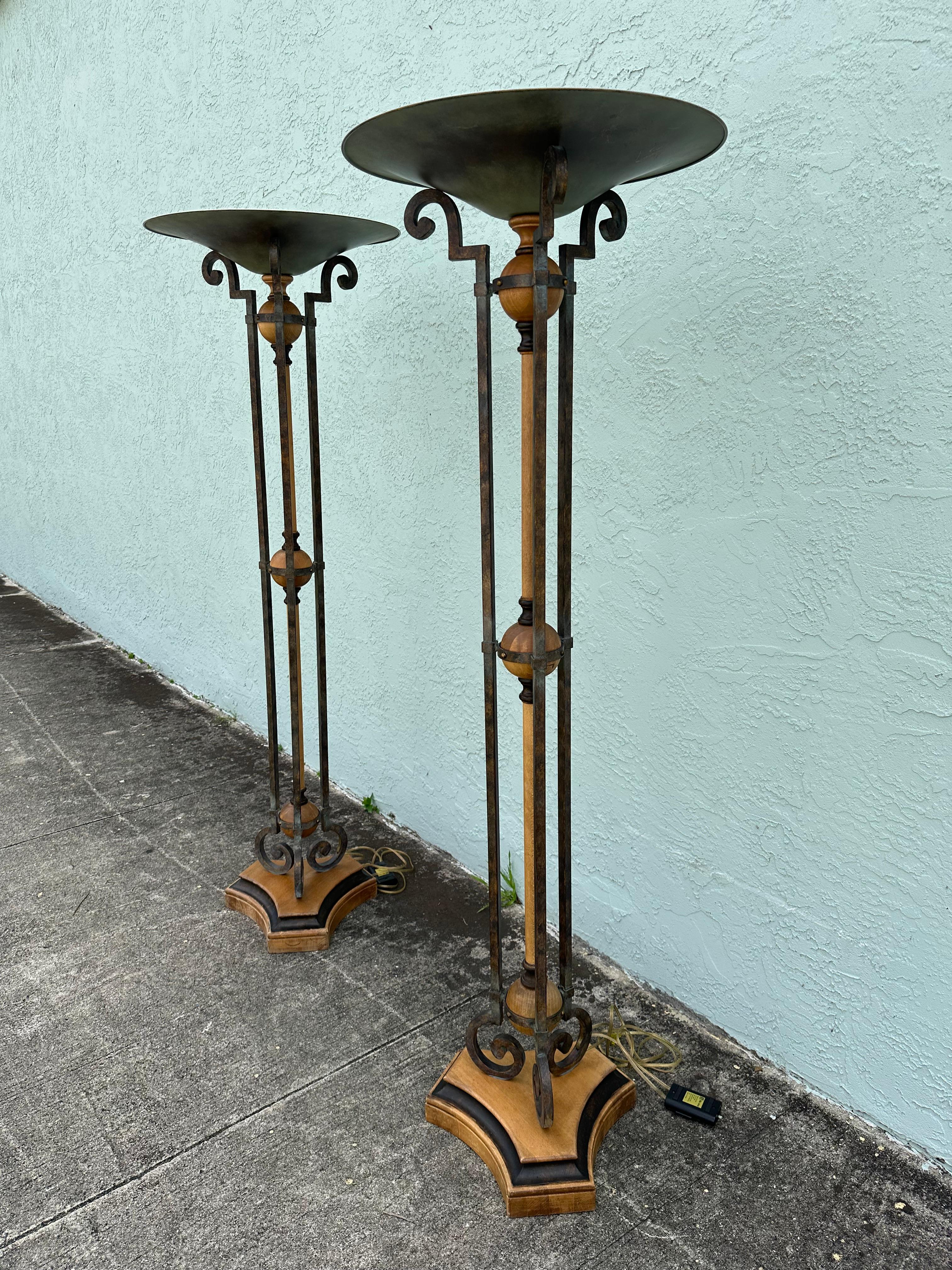 1990s Fine Arts Lamps Wood and Iron Vintage Industrial Floor Style, Set of 2 In Good Condition For Sale In Fort Lauderdale, FL