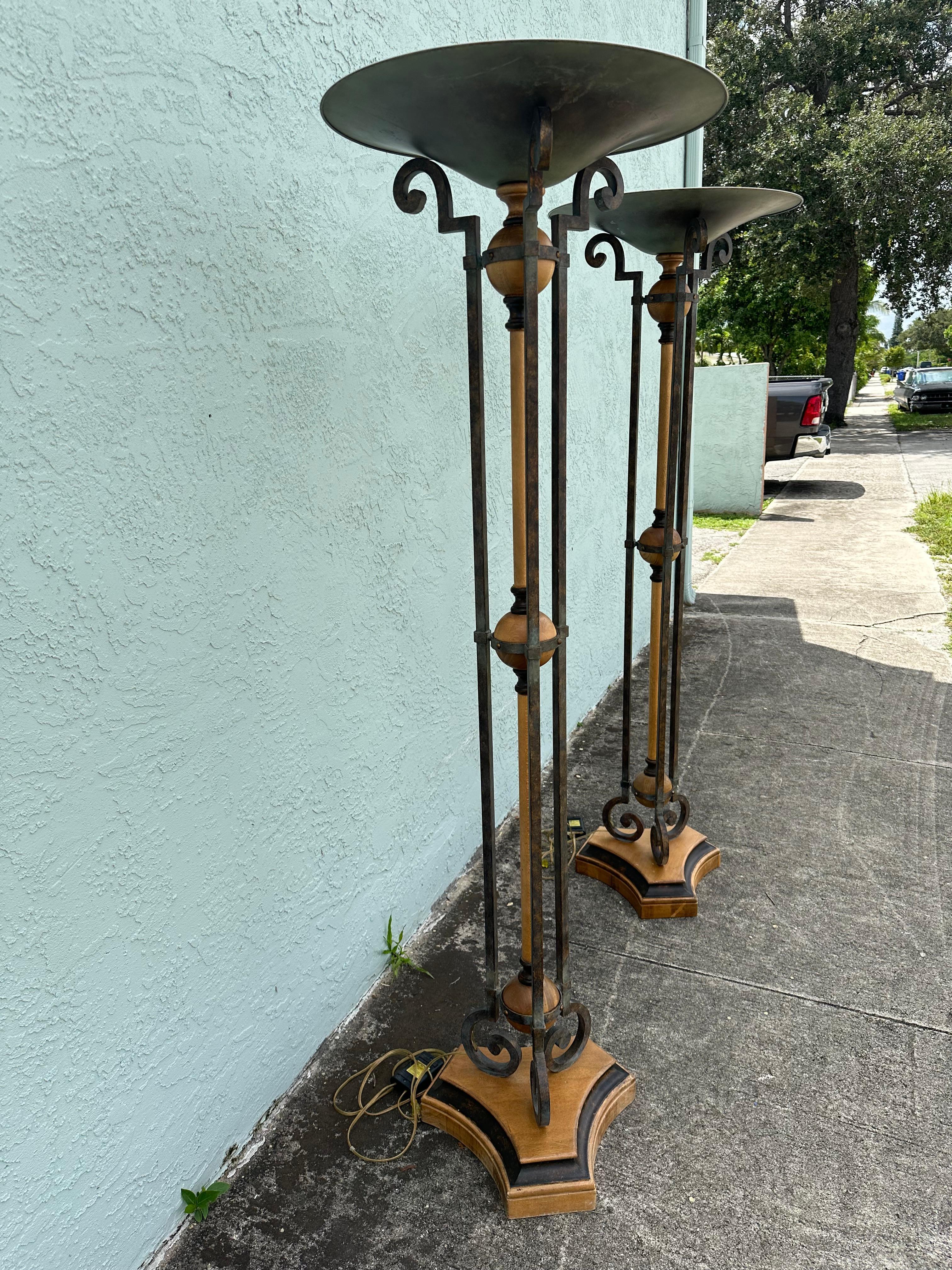 Late 20th Century 1990s Fine Arts Lamps Wood and Iron Vintage Industrial Floor Style, Set of 2 For Sale
