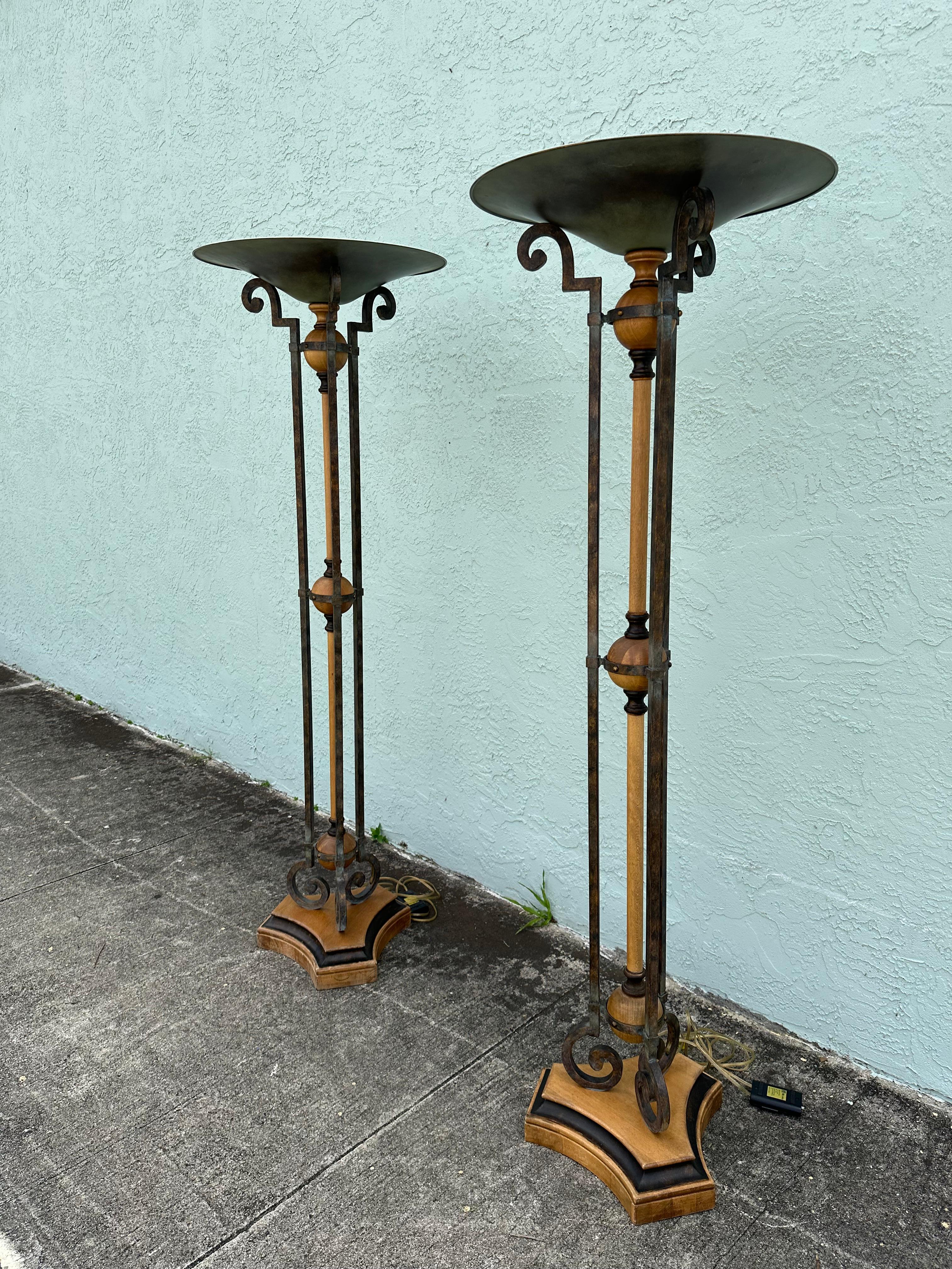 1990s Fine Arts Lamps Wood and Iron Vintage Industrial Floor Style, Set of 2 For Sale 1