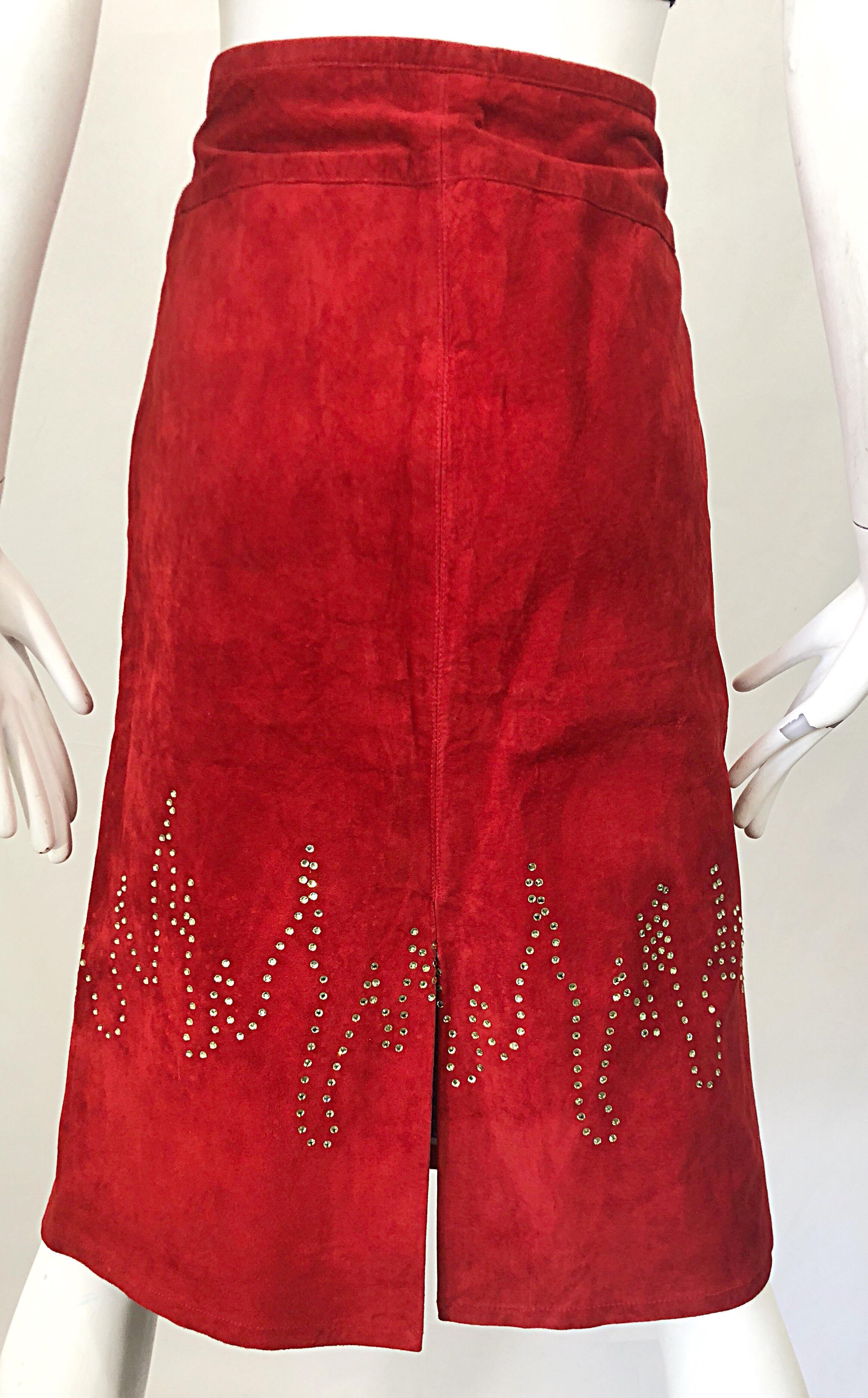 1990s Fire Engine Red Suede Leather + Rhinestones Flames Vintage Late 90s Skirt For Sale 3