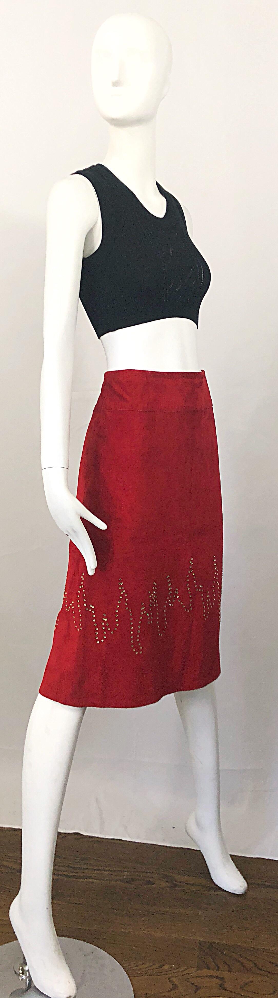 1990s Fire Engine Red Suede Leather + Rhinestones Flames Vintage Late 90s Skirt For Sale 4