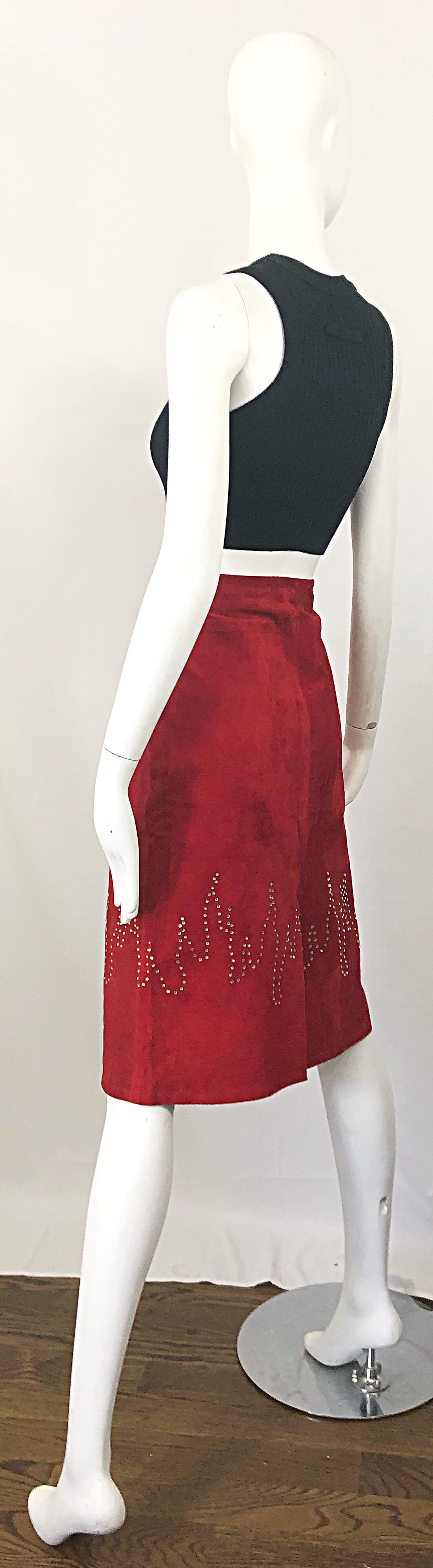 1990s Fire Engine Red Suede Leather + Rhinestones Flames Vintage Late 90s Skirt For Sale 5