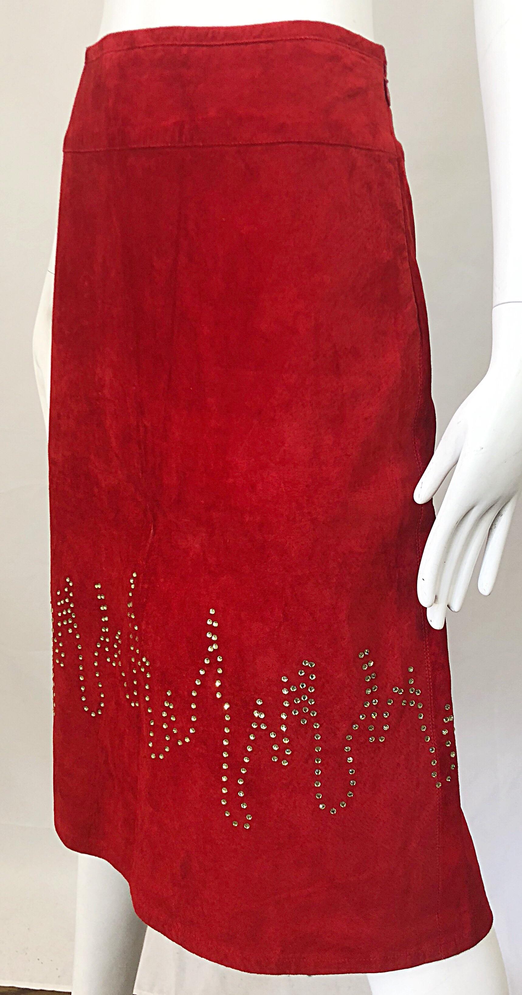 1990s Fire Engine Red Suede Leather + Rhinestones Flames Vintage Late 90s Skirt For Sale 6