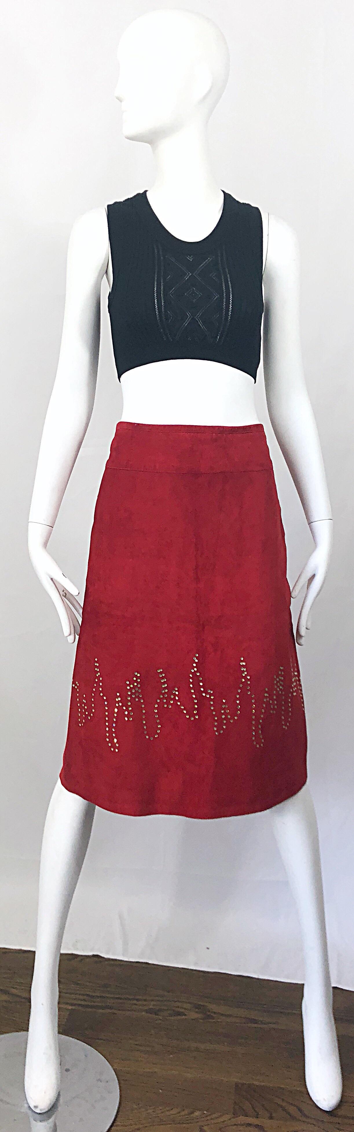 1990s Fire Engine Red Suede Leather + Rhinestones Flames Vintage Late 90s Skirt For Sale 7