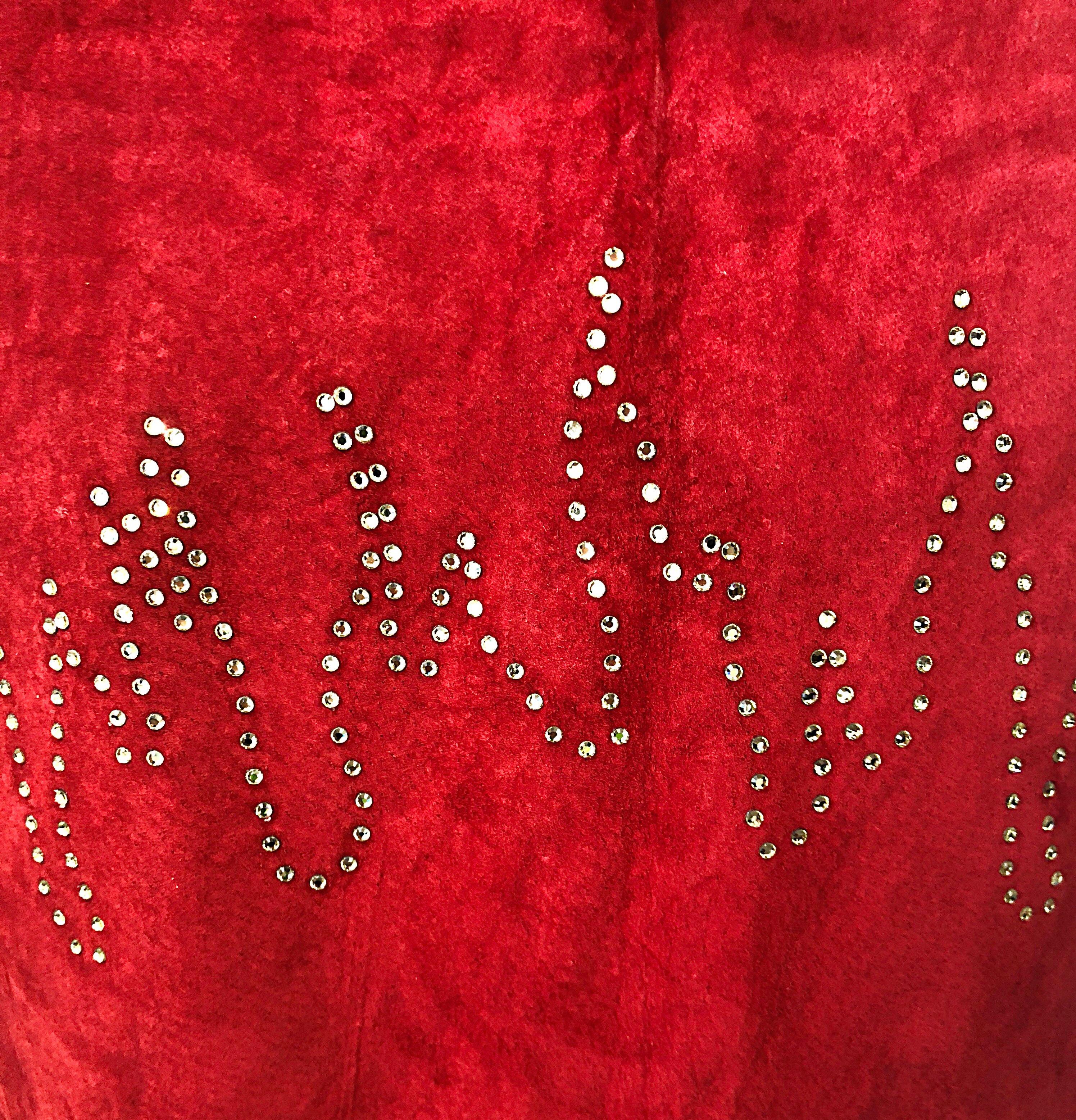 1990s Fire Engine Red Suede Leather + Rhinestones Flames Vintage Late 90s Skirt In Excellent Condition For Sale In San Diego, CA
