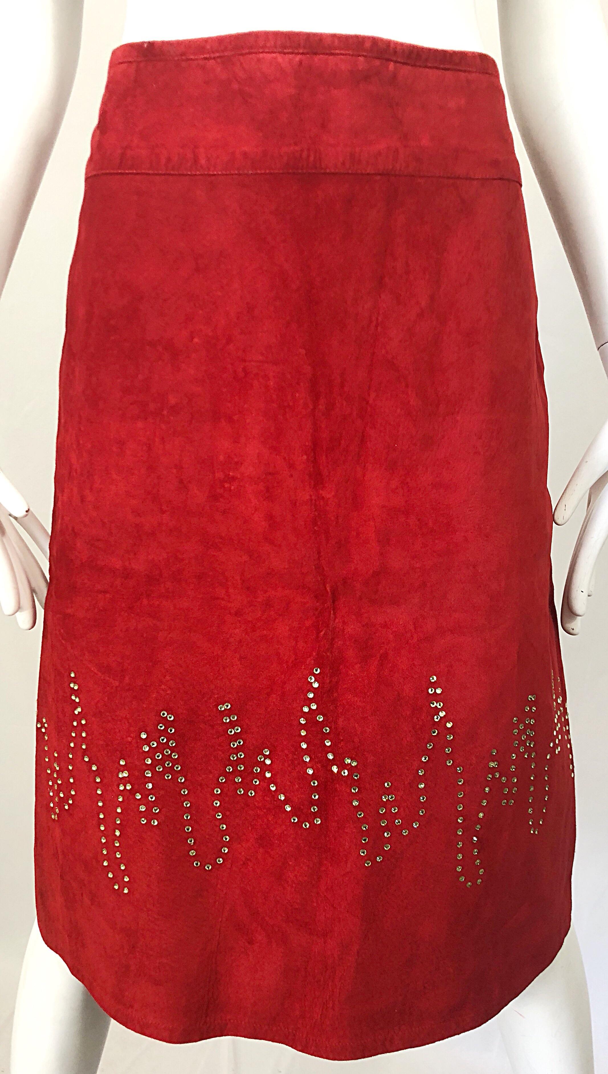 1990s Fire Engine Red Suede Leather + Rhinestones Flames Vintage Late 90s Skirt For Sale 1