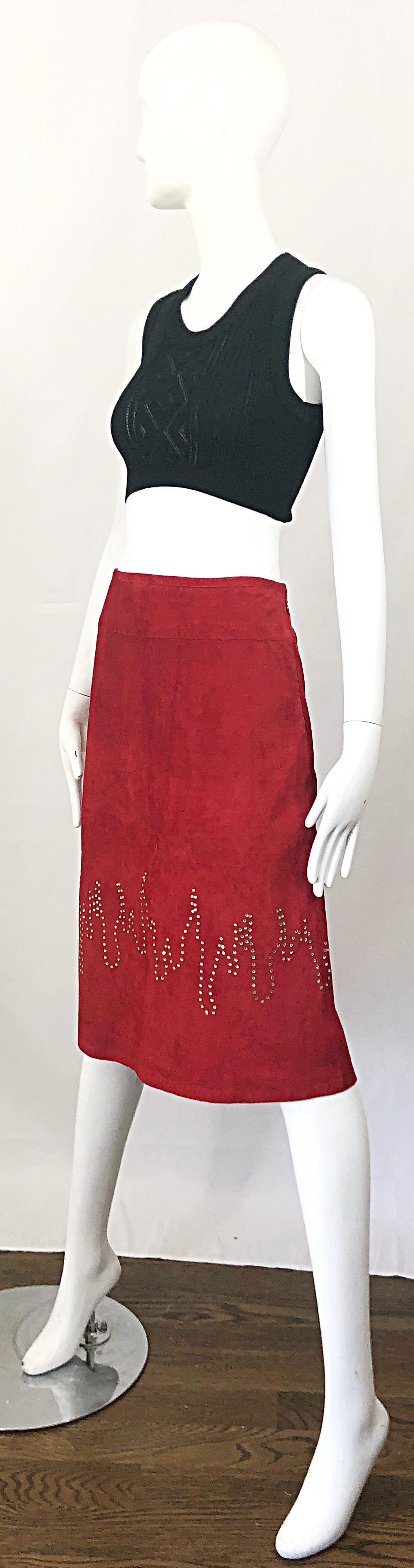 1990s Fire Engine Red Suede Leather + Rhinestones Flames Vintage Late 90s Skirt For Sale 2