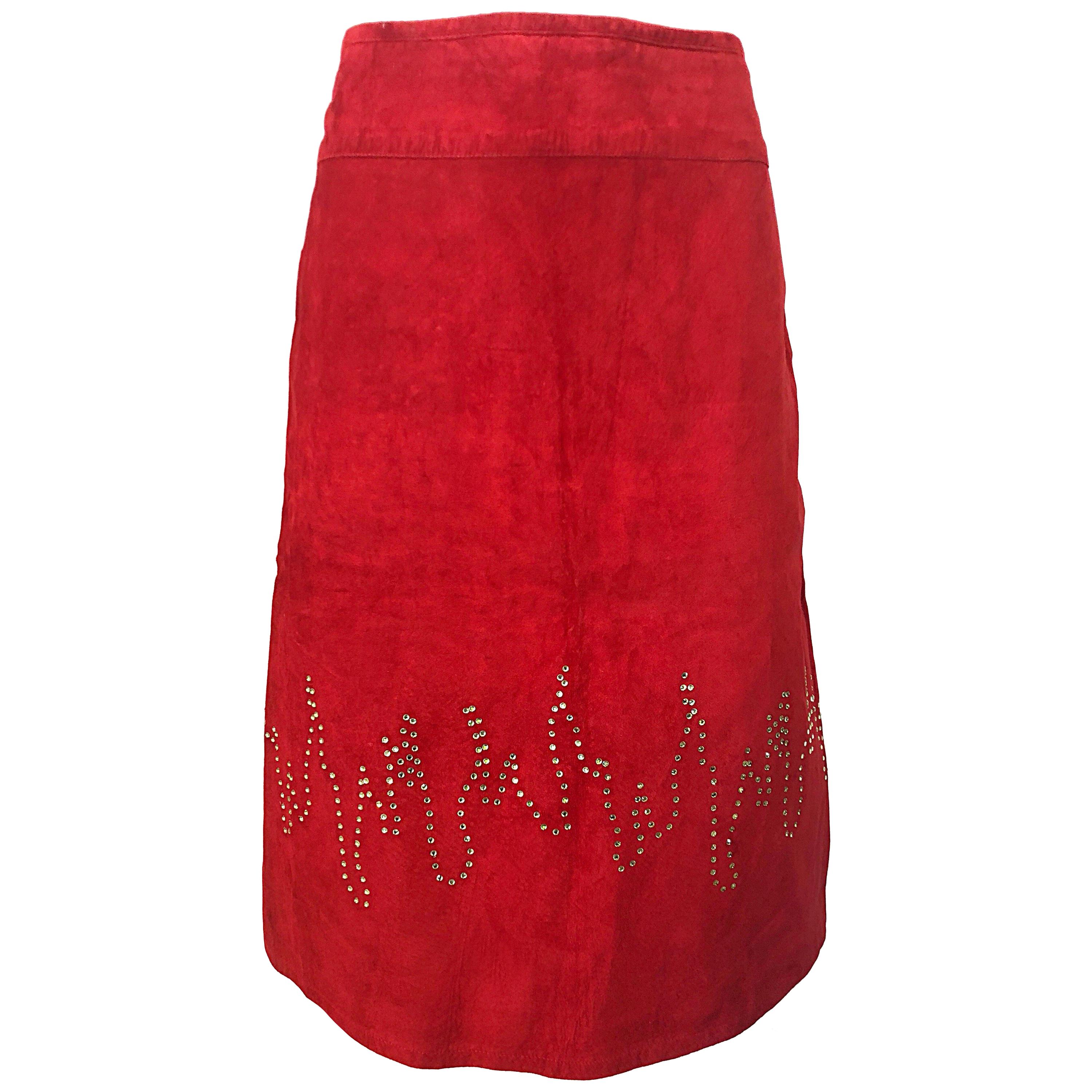 1990s Fire Engine Red Suede Leather + Rhinestones Flames Vintage Late 90s Skirt For Sale