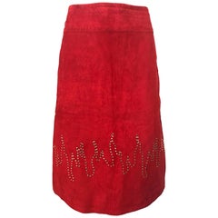 1990s Fire Engine Red Suede Leather + Rhinestones Flames Vintage Late 90s Skirt