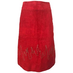 1990s Fire Engine Red Suede Leather + Rhinestones Flames Retro Late 90s Skirt