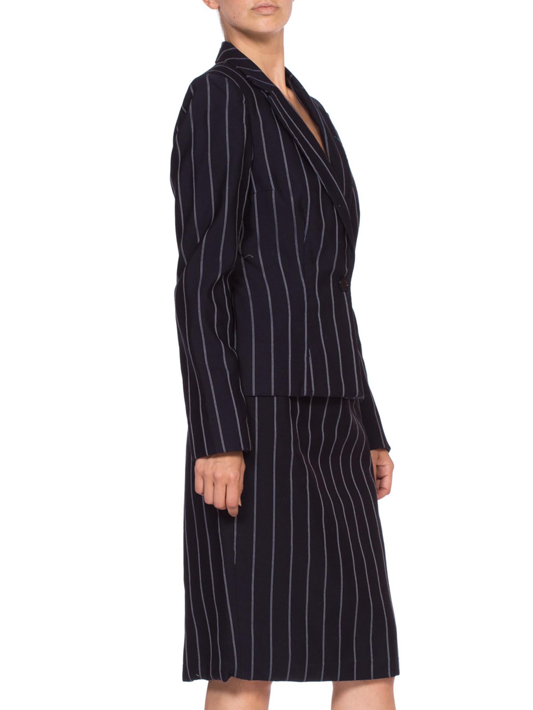 Black 1990'S Navy Blue Pinstripe Rayon Blend Fitted Skirt Suit
