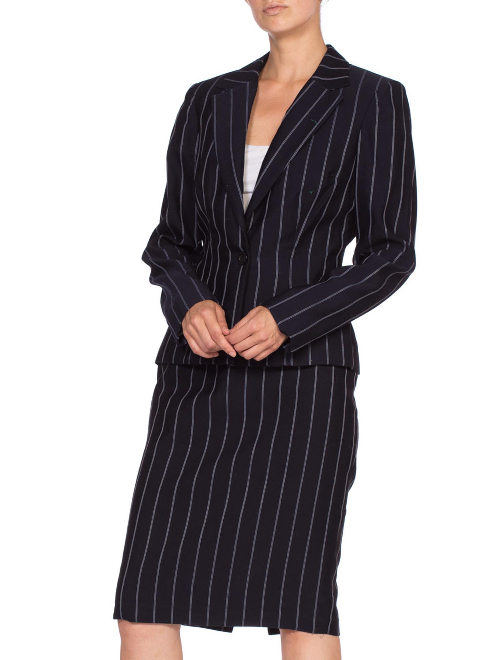 1990'S Navy Blue Pinstripe Rayon Blend Fitted Skirt Suit In Excellent Condition In New York, NY