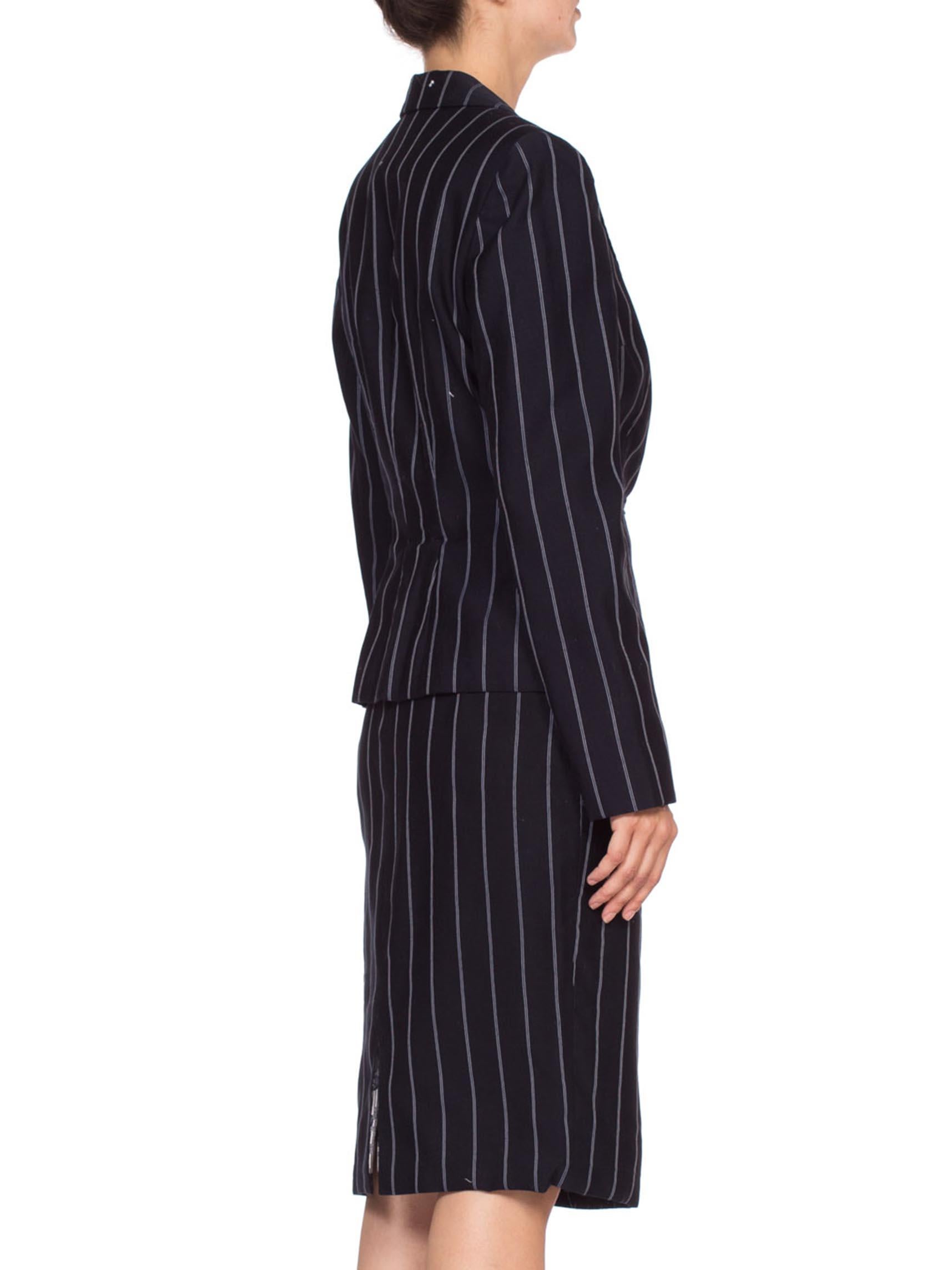 Women's 1990'S Navy Blue Pinstripe Rayon Blend Fitted Skirt Suit