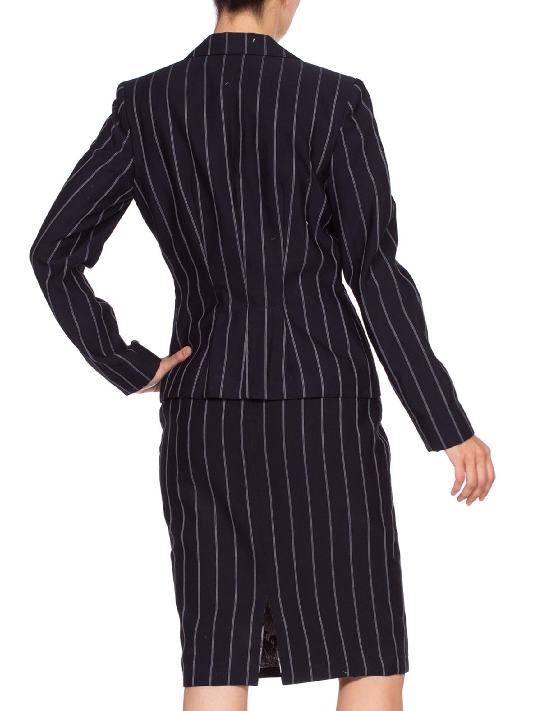 1990'S Navy Blue Pinstripe Rayon Blend Fitted Skirt Suit 1