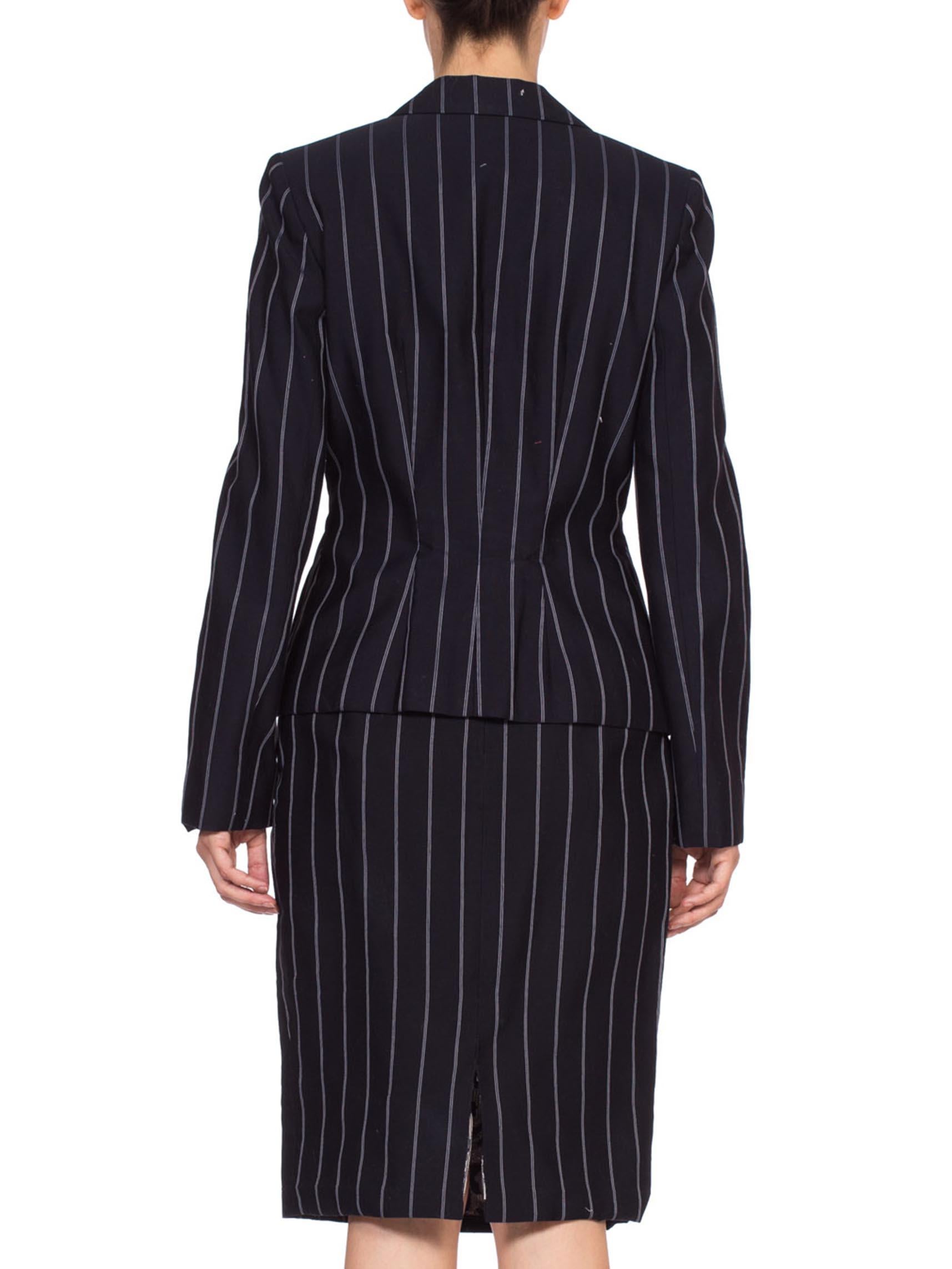 1990'S Navy Blue Pinstripe Rayon Blend Fitted Skirt Suit 2