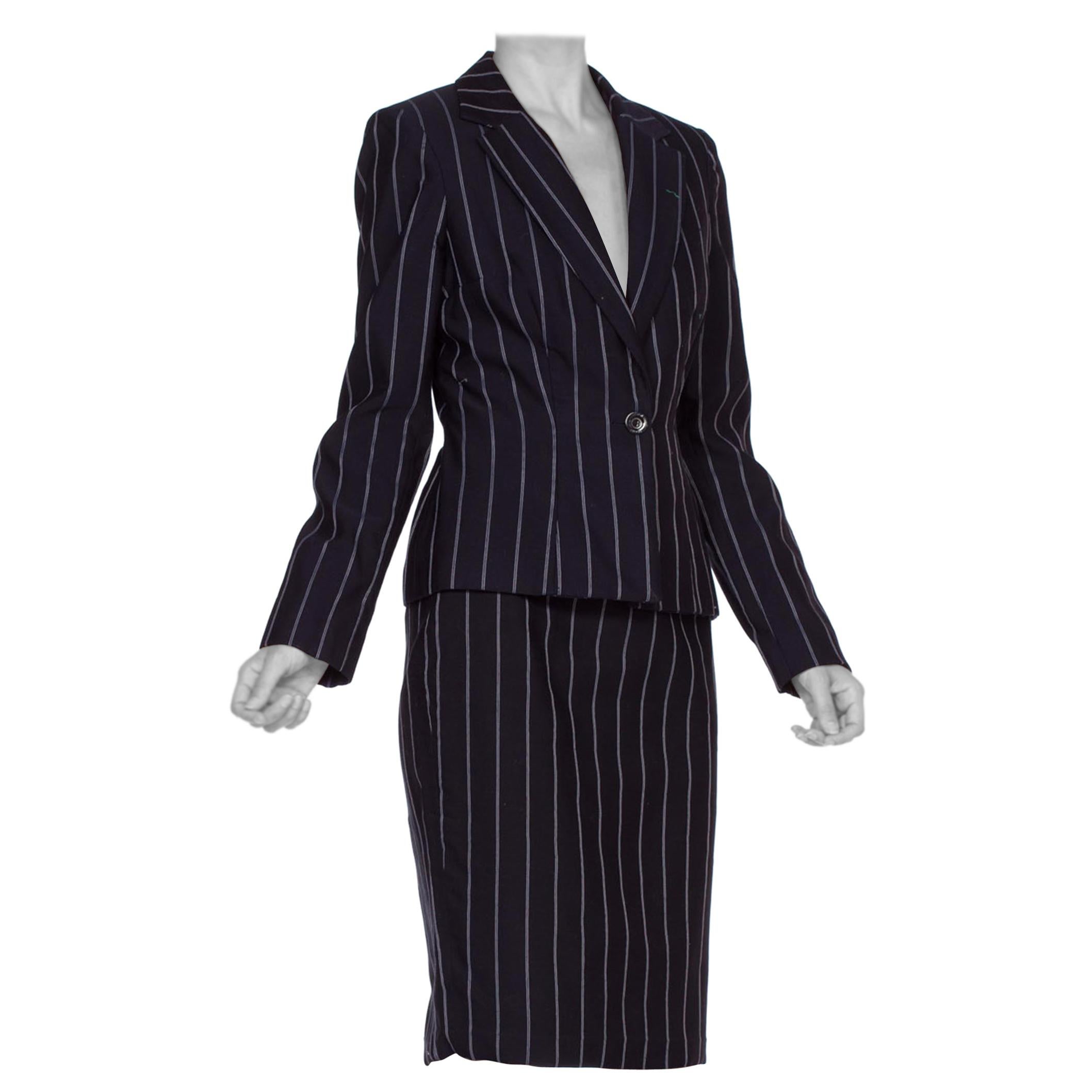 1990'S Navy Blue Pinstripe Rayon Blend Fitted Skirt Suit