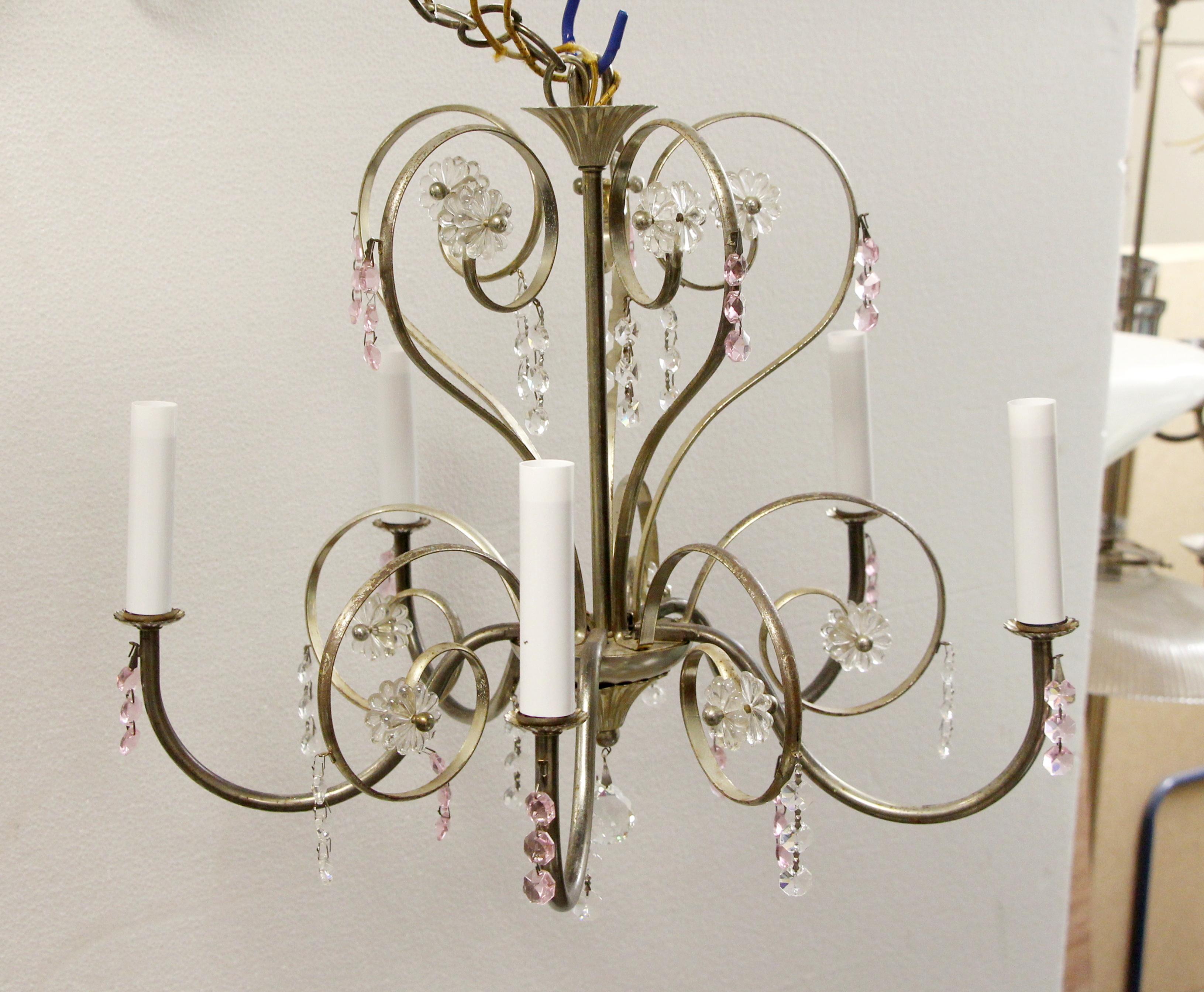 1990s nickel-plated five-arm chandelier with clear floret details and pink and clear crystal accents. Please note, this item is located in our Scranton, PA location.