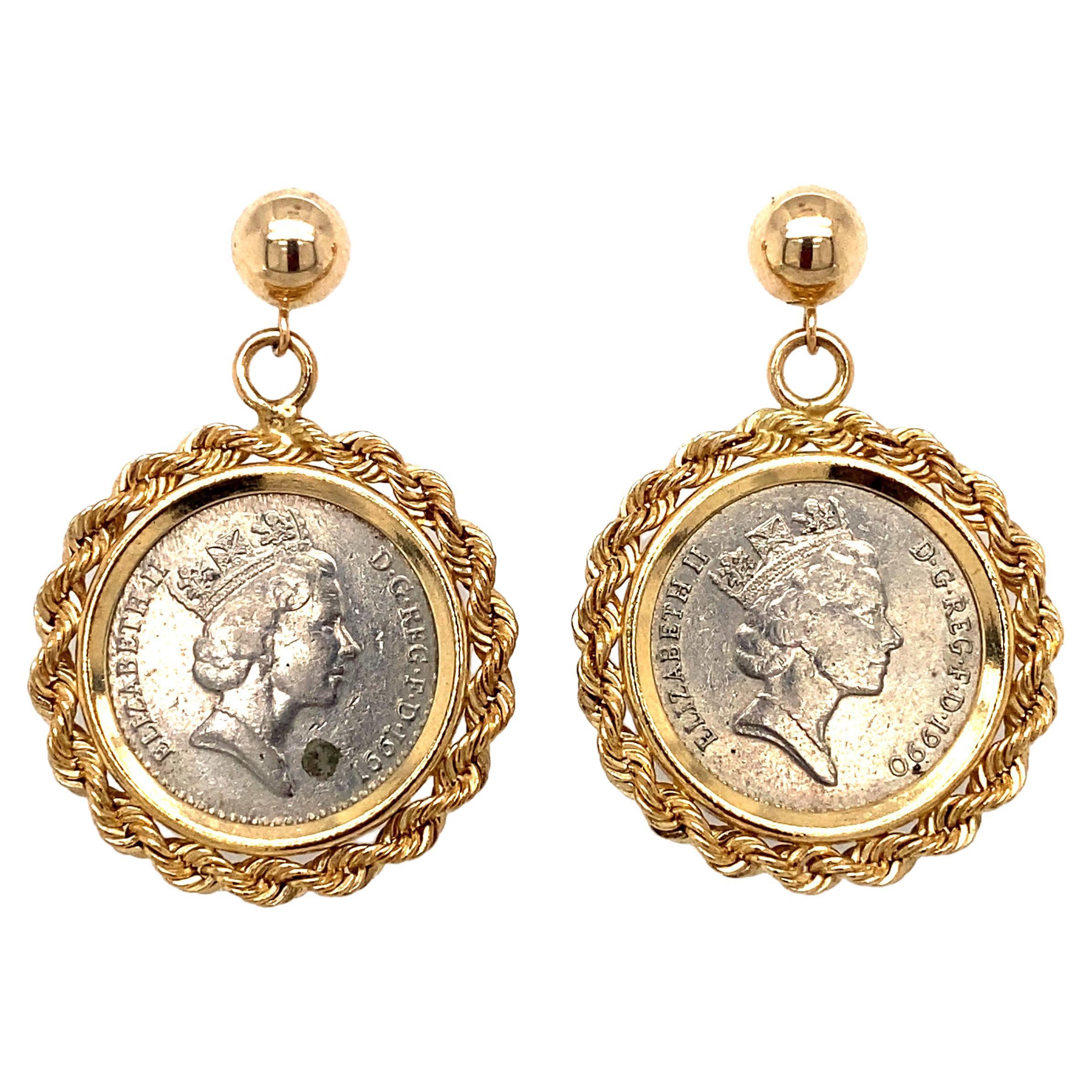 1990s Five British Pence Coin Earrings with Rope Frames in 14 Karat Gold For Sale