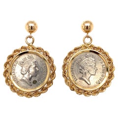 Vintage 1990s Five British Pence Coin Earrings with Rope Frames in 14 Karat Gold
