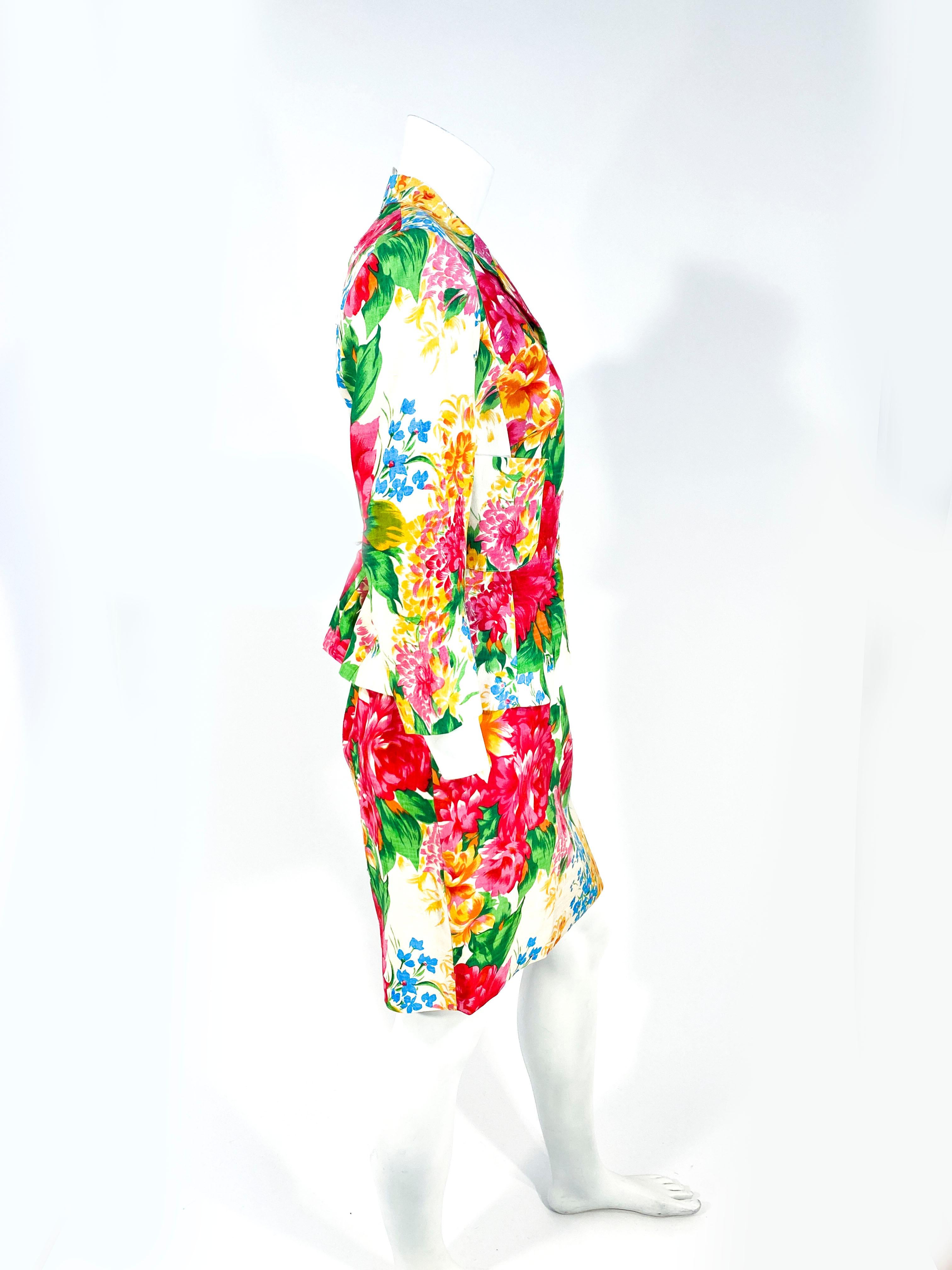 Beige 1990s Flora Kung Floral Printed Silk Suit For Sale