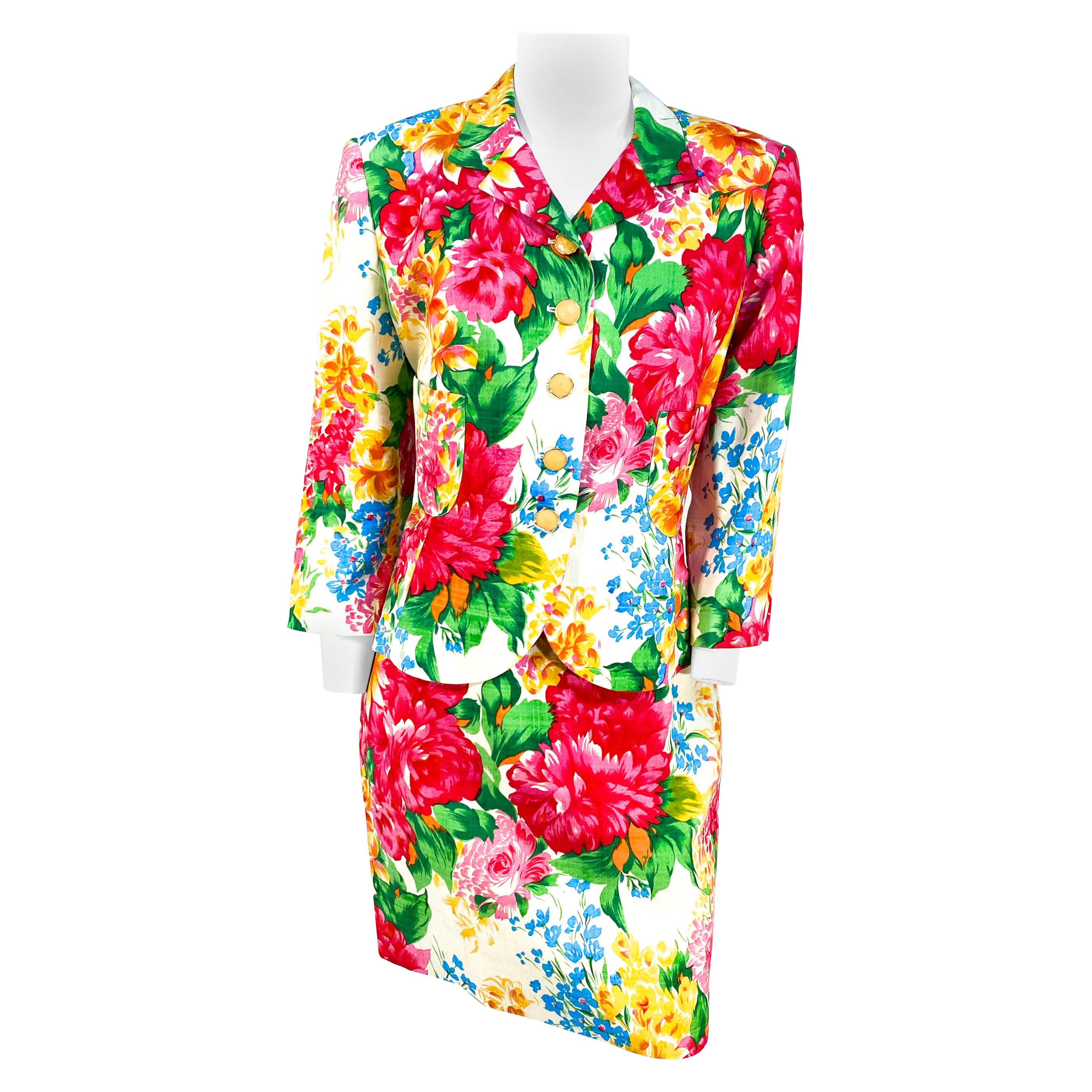 1990s Flora Kung Floral Printed Silk Suit For Sale