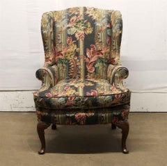 1990s Floral Upholstery Stuffed Armchair with Dark Tone Wood Cabriole Legs
