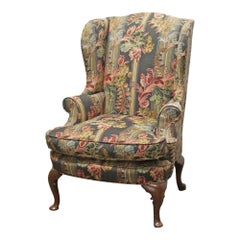 1990s Floral Upholstery Stuffed Armchair with Dark Tone Wood Cabriole Legs