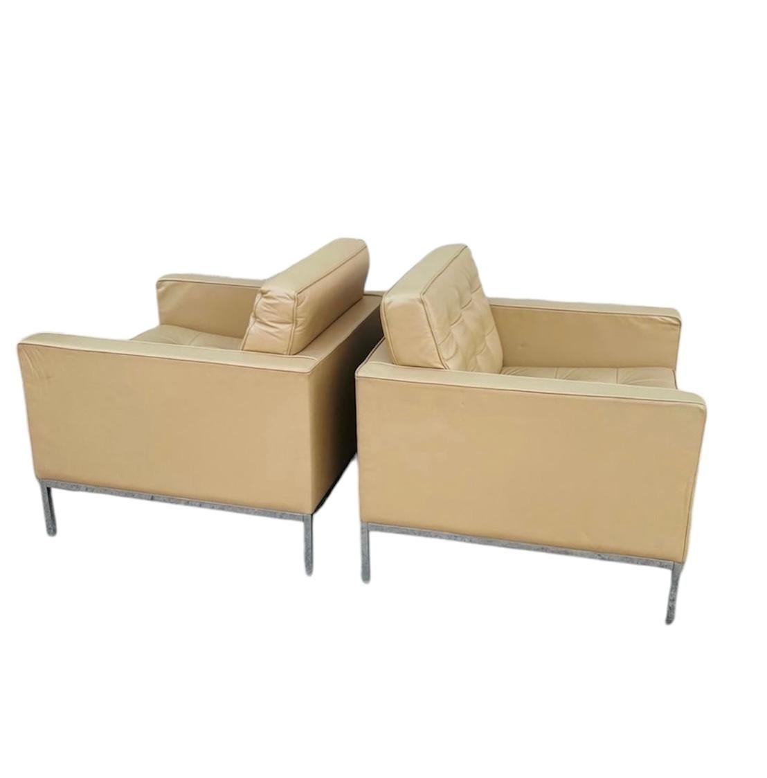 Unknown 1990's Florence Knoll Leather Lounge Club Chairs Pair For Sale